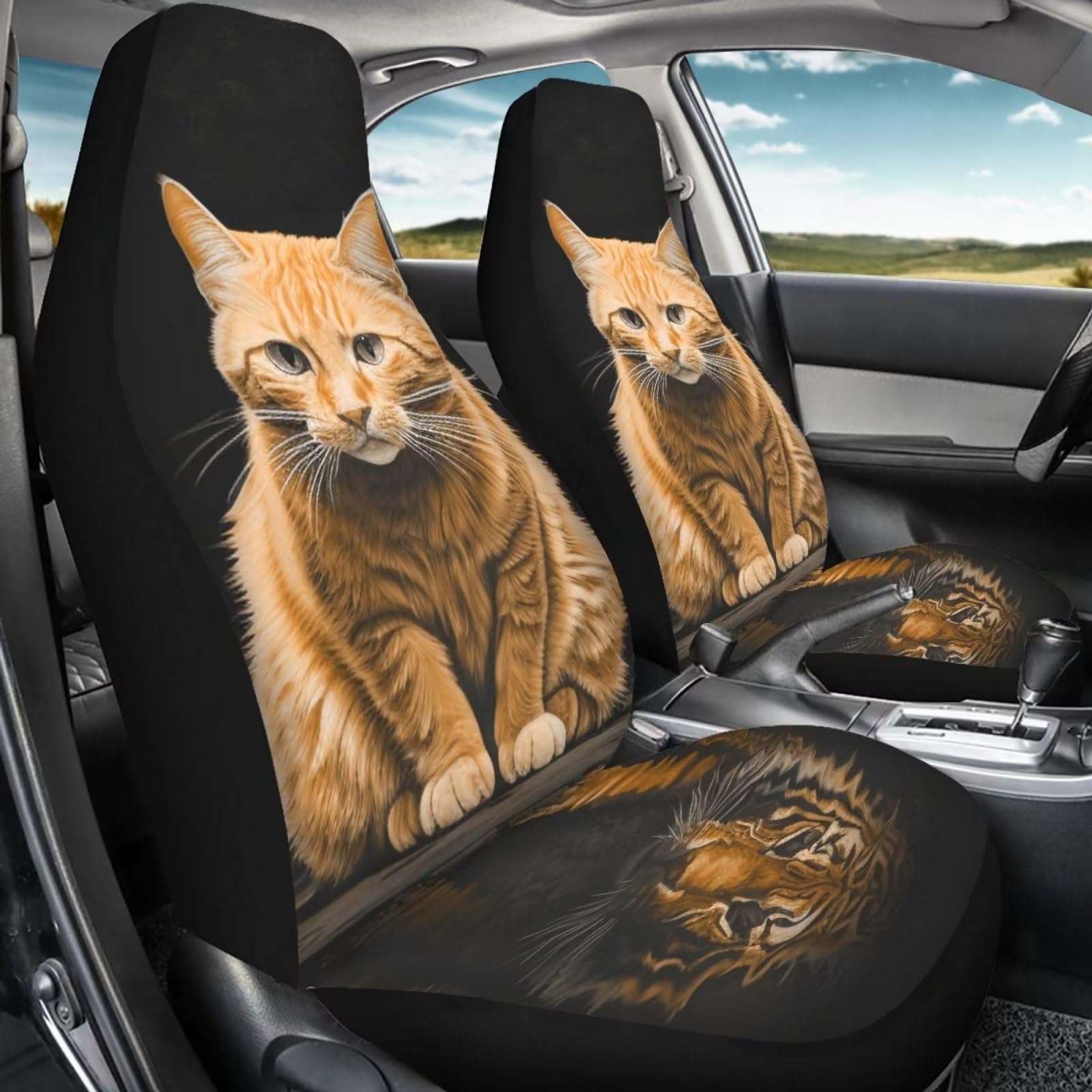 Bigcarjob 2 Pcs Animal Car Seat Cover Set For Front Only,Funny Cat And Tiger Print Vehicle Bucket Seat Cushion Pads Auto Seat Pr
