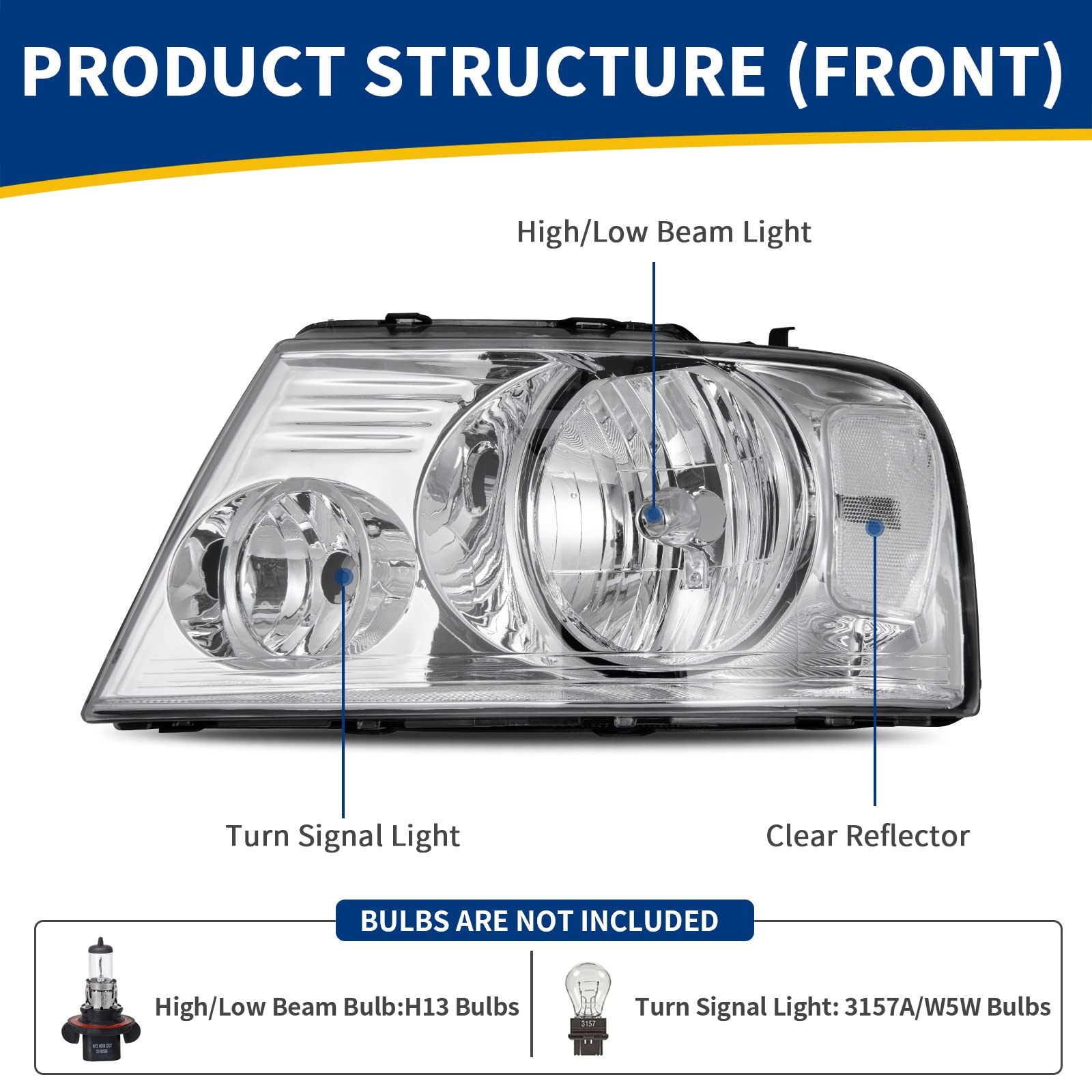 Autosaver88 Headlight Assembly Compatible With 2004 2005 2006 2007 2008 Ford F-150 Chrome Housing Clear Reflector Clear Lens Pas