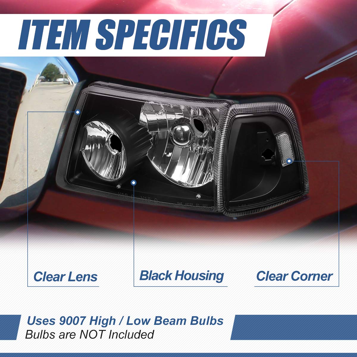 Auto Dynasty Headlights Assembly Compatible With 2001-2011 Ford Ranger, 4-Pieces Driver And Passenger Side Halogen Headlamps Rep