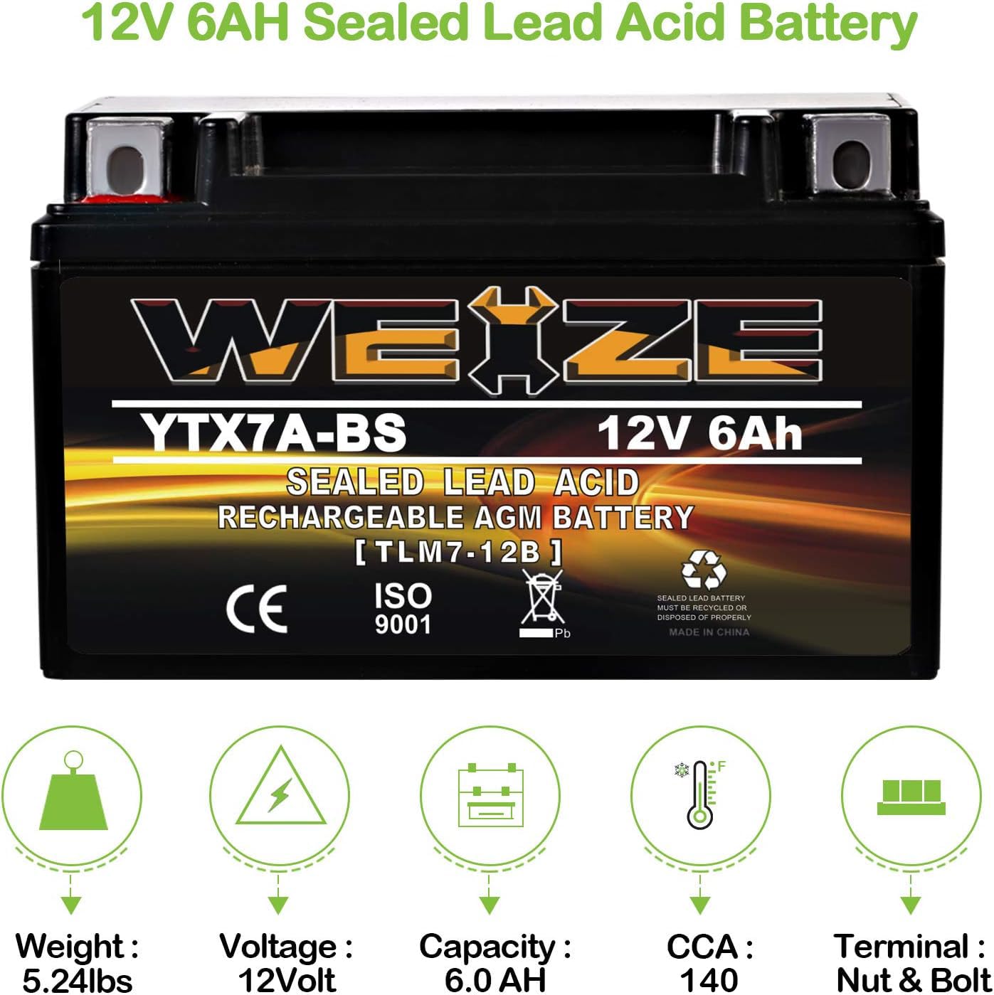 Weize Ytx7A-Bs High Performance - Maintenance Free - Sealed Agm Motorcycle Battery Compatible With Gas Gy6 Scooter Moped 50Cc 12