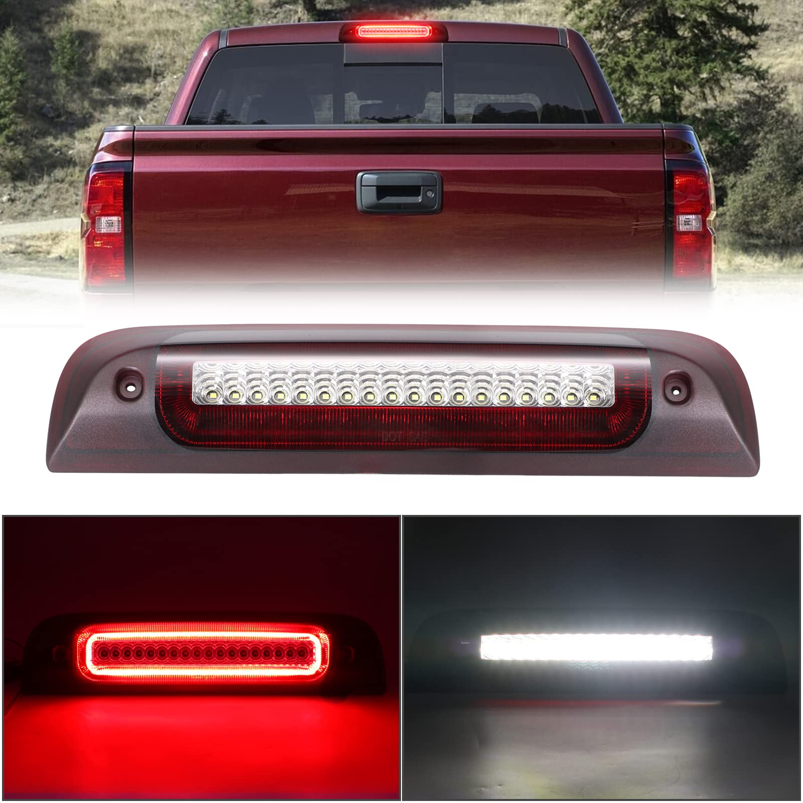 Led Third Brake Light For 2014-2019 Silverado Sierra 1500 2500Hd 3500Hd Pickup Truck Roof Cargo Lights F1 Style Strobe High Mount Stop Lamp Red White Lens Replace Oem# 23509162 | 20979071