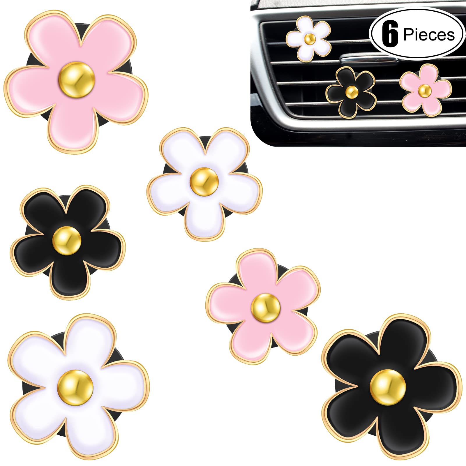Frienda 6 Pcs Daisy Flower Air Vent Clip Air Freshener Outlet Clip Car Air Conditioning Clip Charm Car Inter Decor(Black, Pink,