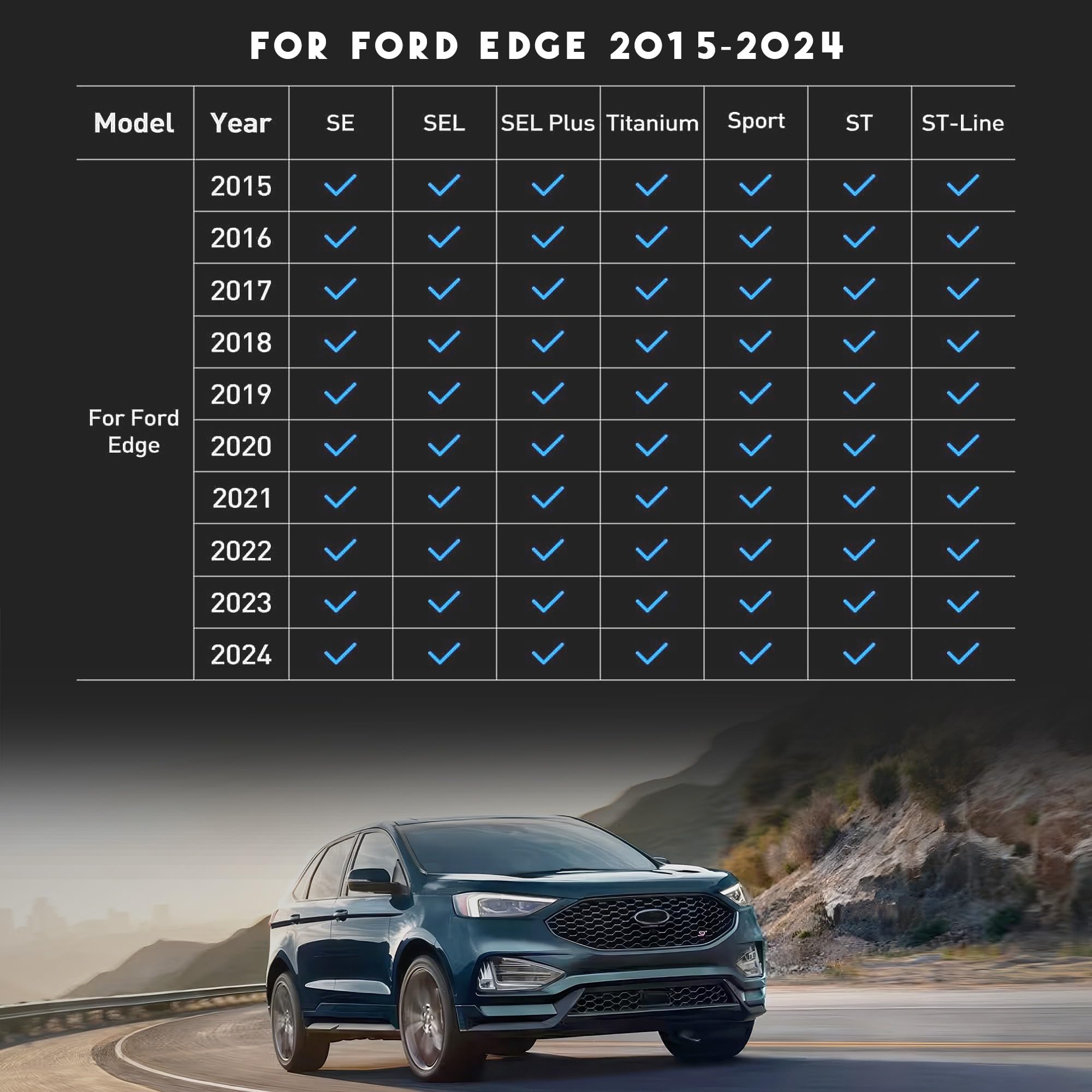 Karpal Floor Mats Cargo Mat Fit For 2015-2024 Ford Edge, Front & 2Nd Row & Cargo Liners, Tpe Material All Weather Protection Car