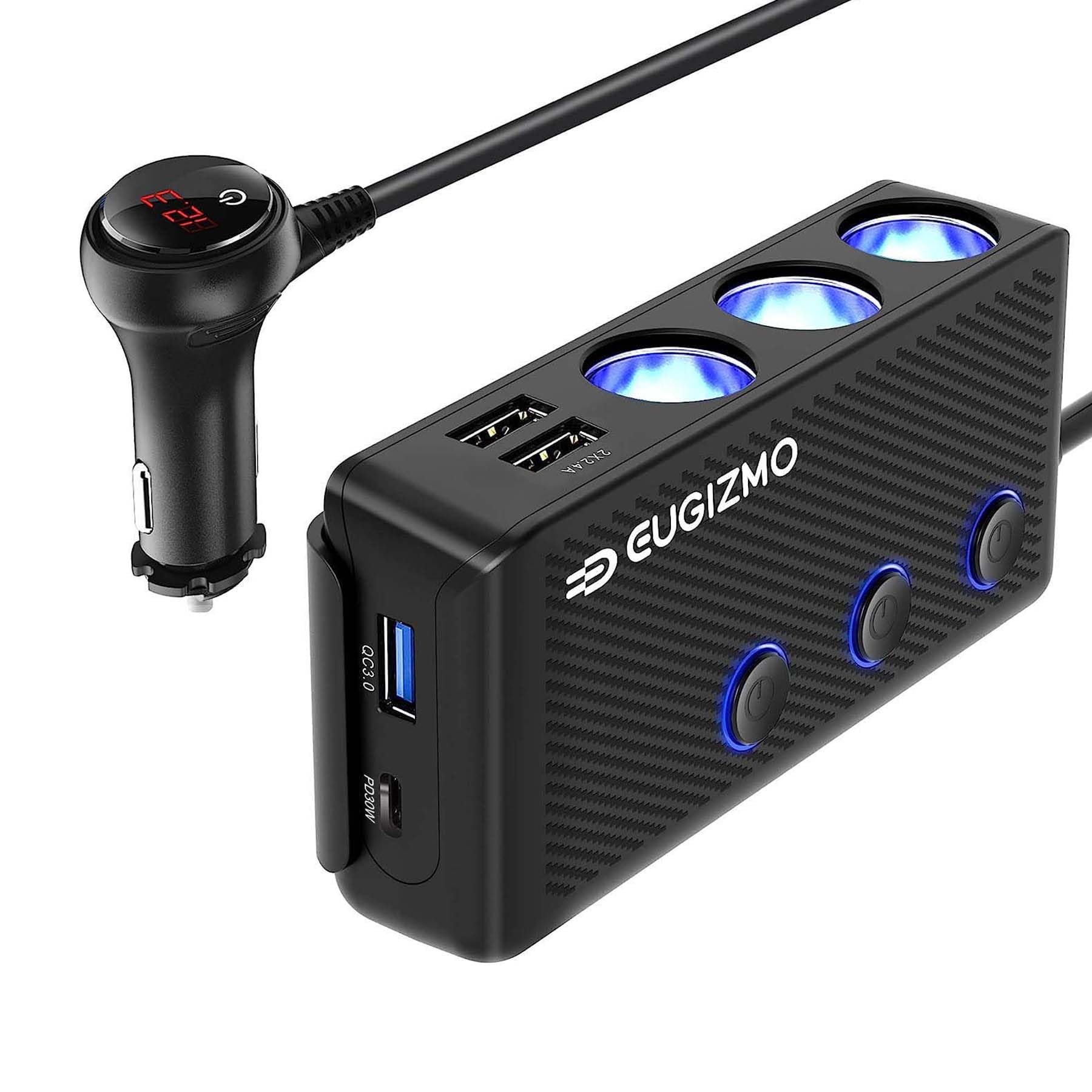 Eugizmo Car Cigarette Lighter Splitter, 200W Power Outlet 3 Socket 12V/24V Car Cigarette Lighter Plug Adapter Usb Charger Extens