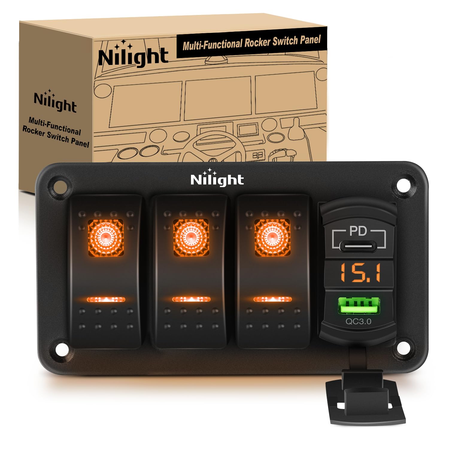 Nilight 3 Gang Rocker Switch Panel With Pd Type C And Usb Charger Voltmeter 12V Spst On Off Toggle Switches With Orange Backlit