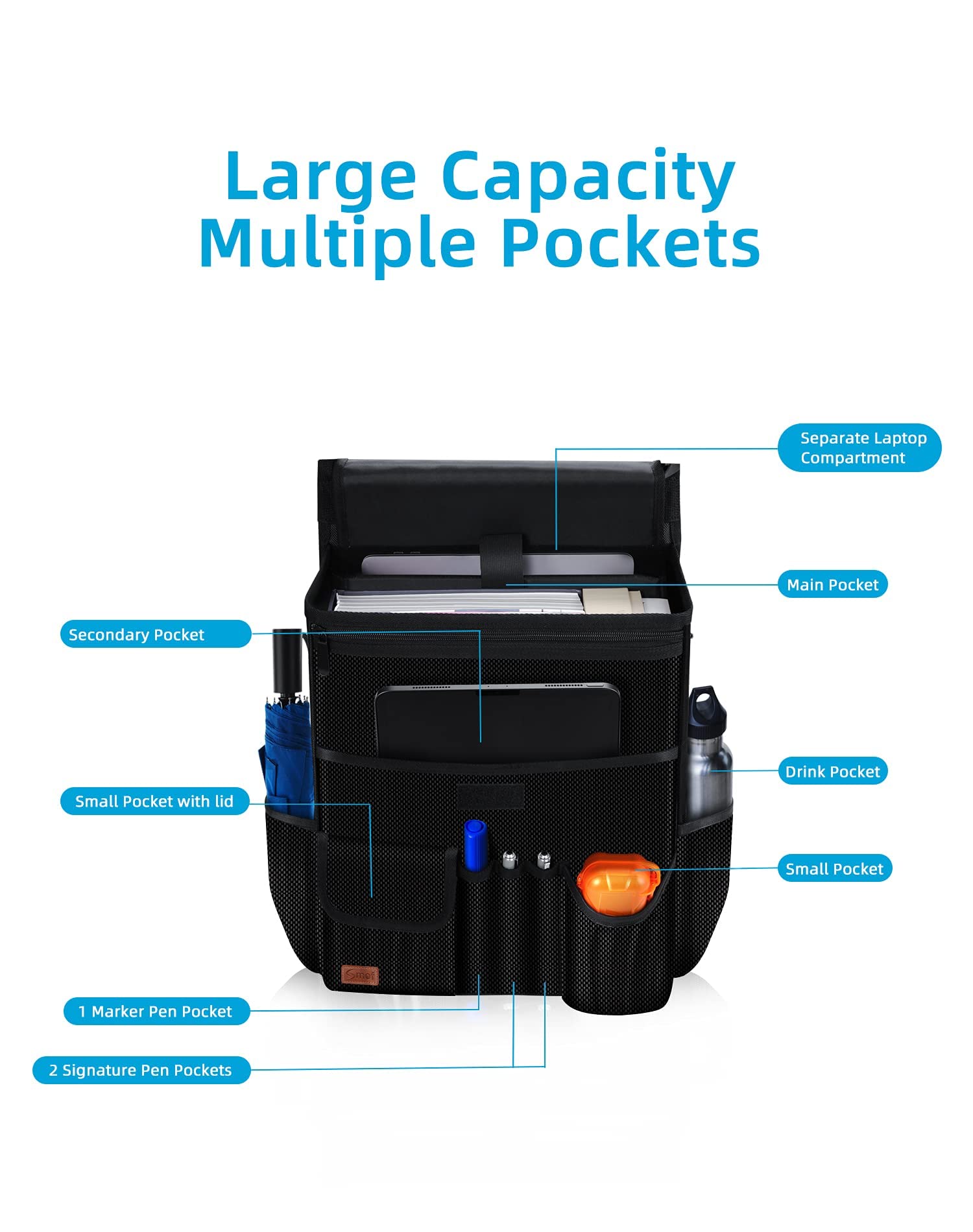 Car Organizer For Front Seat - Hanging Car Seat Storage Organizer For Office/Kids/Truck,Multiple Pockets Car Seat Organizer With Separately Pokect For Laptop, Cup Holde & Travel Accessories