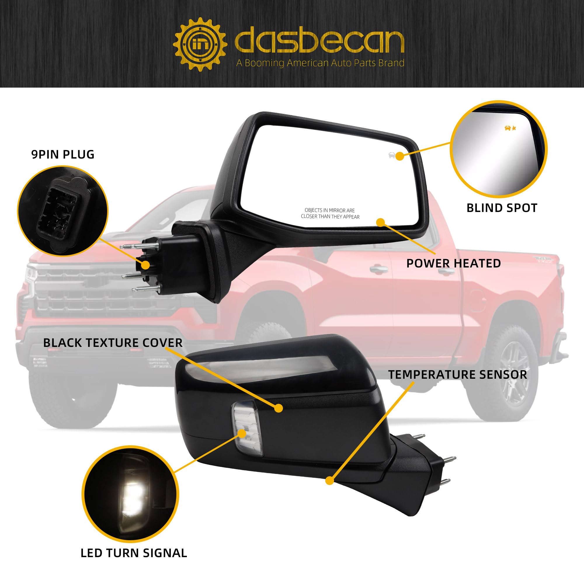Dasbecan Right Passenger Side Mirror Compatible with 2019-2024 Chevy Silverado 1500 With Power Glass/Temperature Sensor/LED Turn