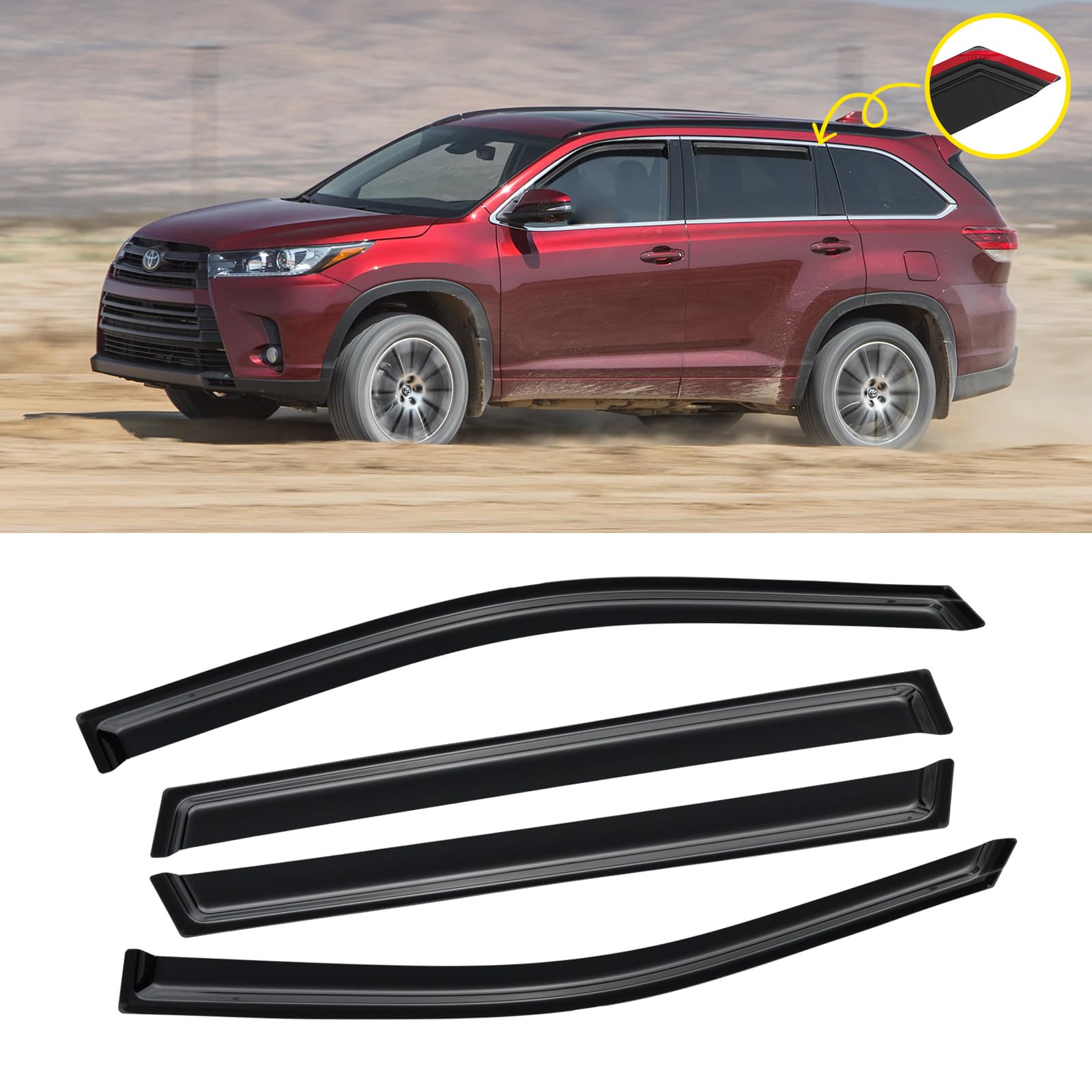 Window Visor For 2014-2019 Toyota Highlander, Out-Channel Rain Guards Shields Vent Shade Deflector Wind Dark Smoke Ventshade Ven