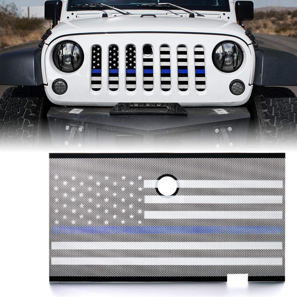Xprite Aluminum Alloy Grill Mesh Insert Law Enforcement Blue Stripe With Hood Lock Hole Compatible With 2007-2018 Jeep Wrangler