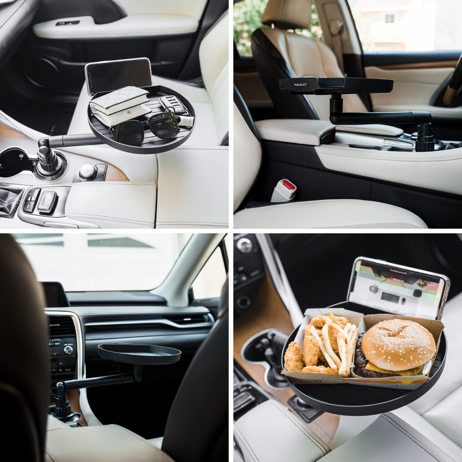 Macally Cup Holder Tray For Car - Adjustable Car Tray Table - Perfect Car Food Tray For Eating With Phone Slot And Swivel Arm - Car Organizer