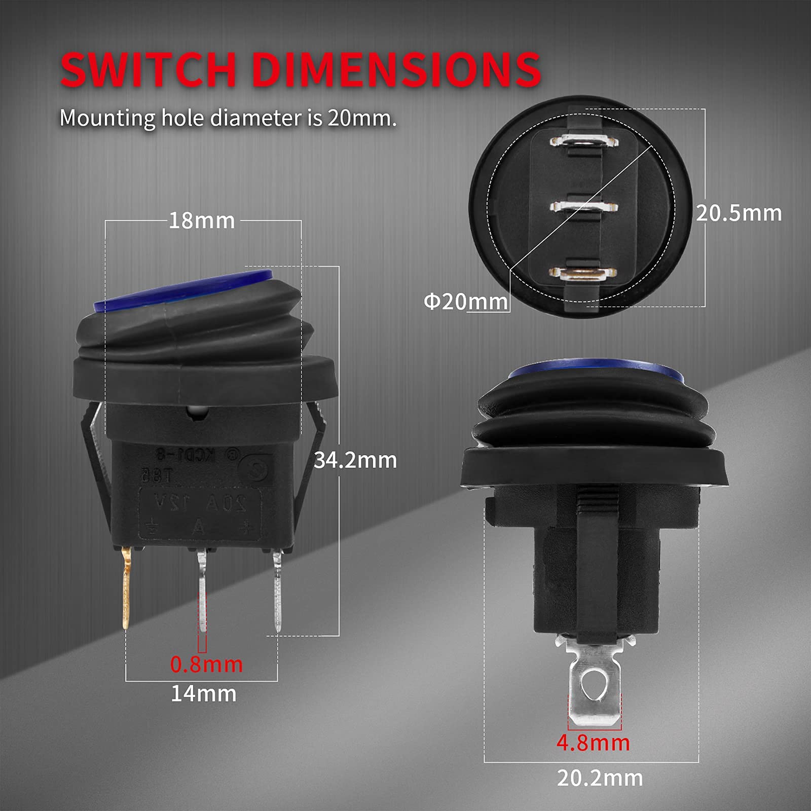 Daiertek 12V 20A Waterproof Rocker Switch Blue Led Lighted Round On Off 3 Pin 12 Volt Weatherproof Illuminated Toggle For Marine Car Rv Truck -5Pack