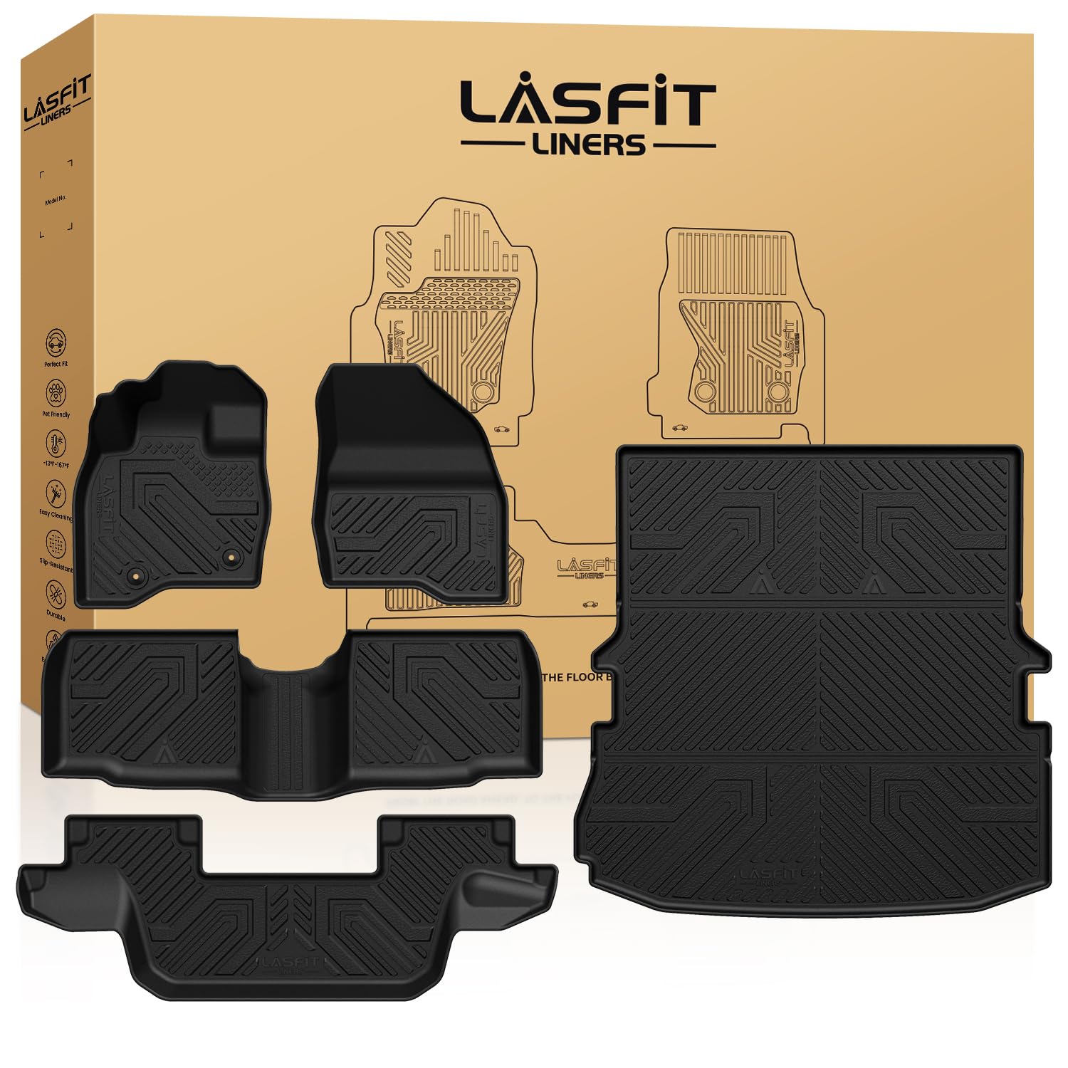 Lasfit Floor Mats&Trunk Mat For 2015-2019 Ford Explorer 7 Seater All Weather Tpe Car Liners Custom Fit For Front, Rear, 3Rd Row