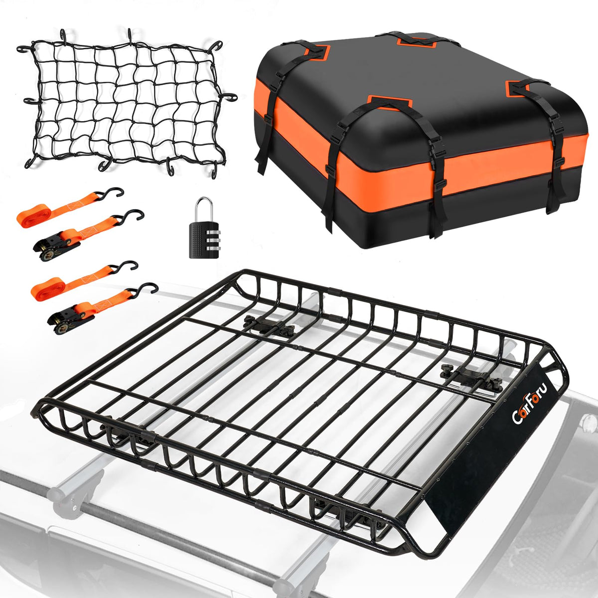 Carforu Roof Rack Basket 51'' X 36'' X 5'' 250LB Capacity Rooftop Cargo Basket + 15 Cubic Feet Waterproof Rooftop Cargo Carrier 