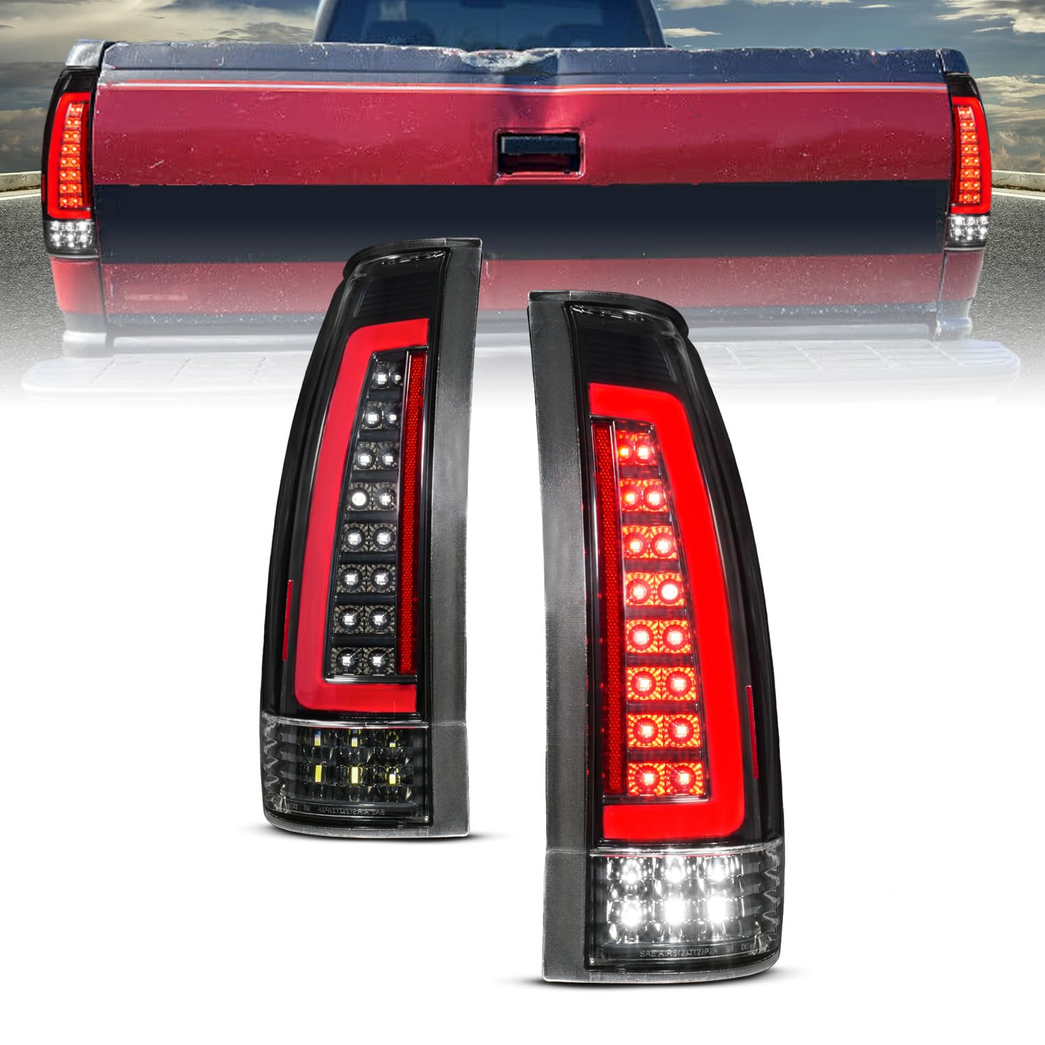 Amerilite For 1988-2000 Chevy Gmc C/K Truck Silverado Suburban [Full Led] C-Type Tube Clear Matte Black Tail Lights Assembly Set