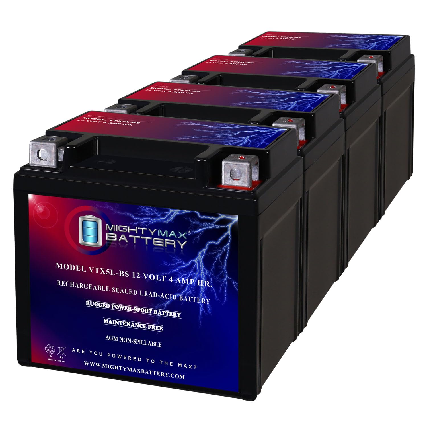 Ytx5L-Bs -12 Volt 4 Ah, 80 Cca, Rechargeable Maintenance Free Sla Agm Motorcycle Battery - 4 Pack