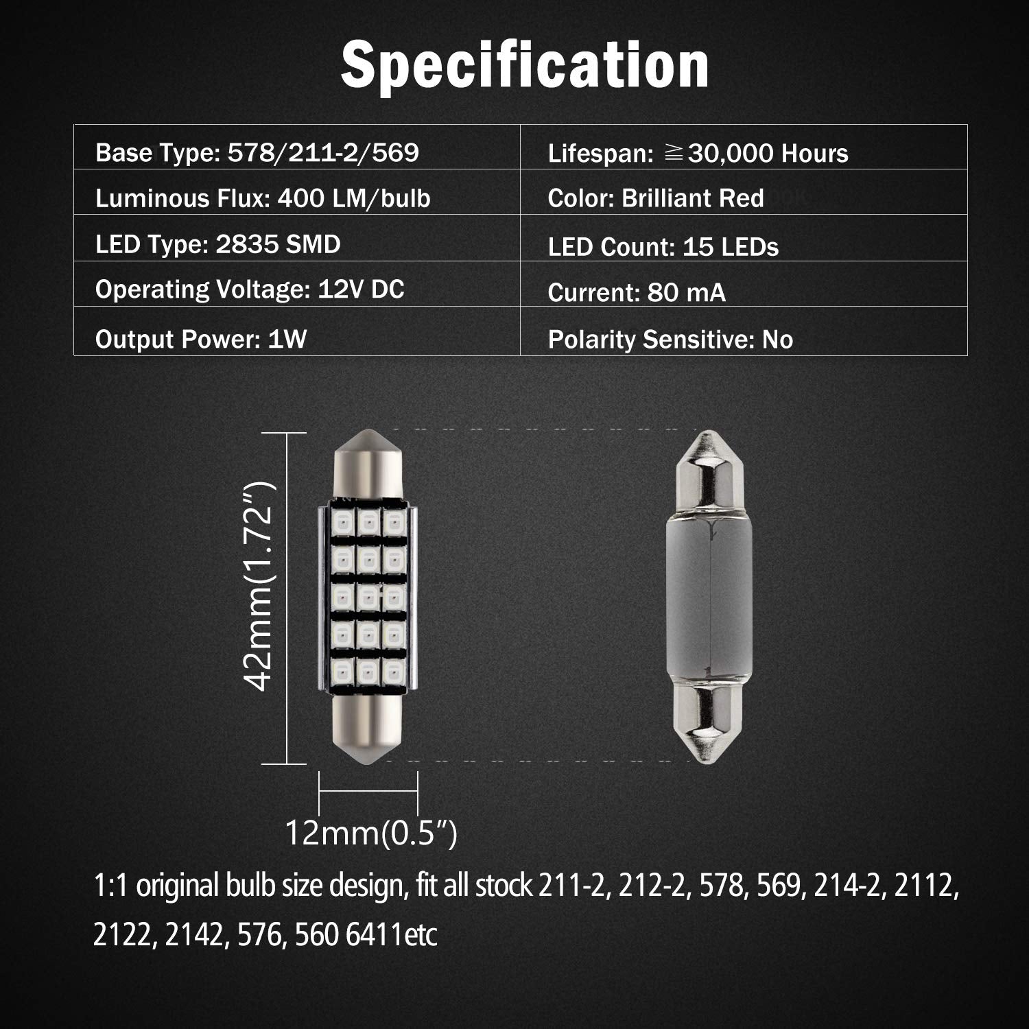 Brishine 578 211-2 Led Bulbs, Super Bright Brilliant Red 2835 Chipsets Canbus Error Free 41Mm 42Mm 1.72    Festoon 212-2 569 Led