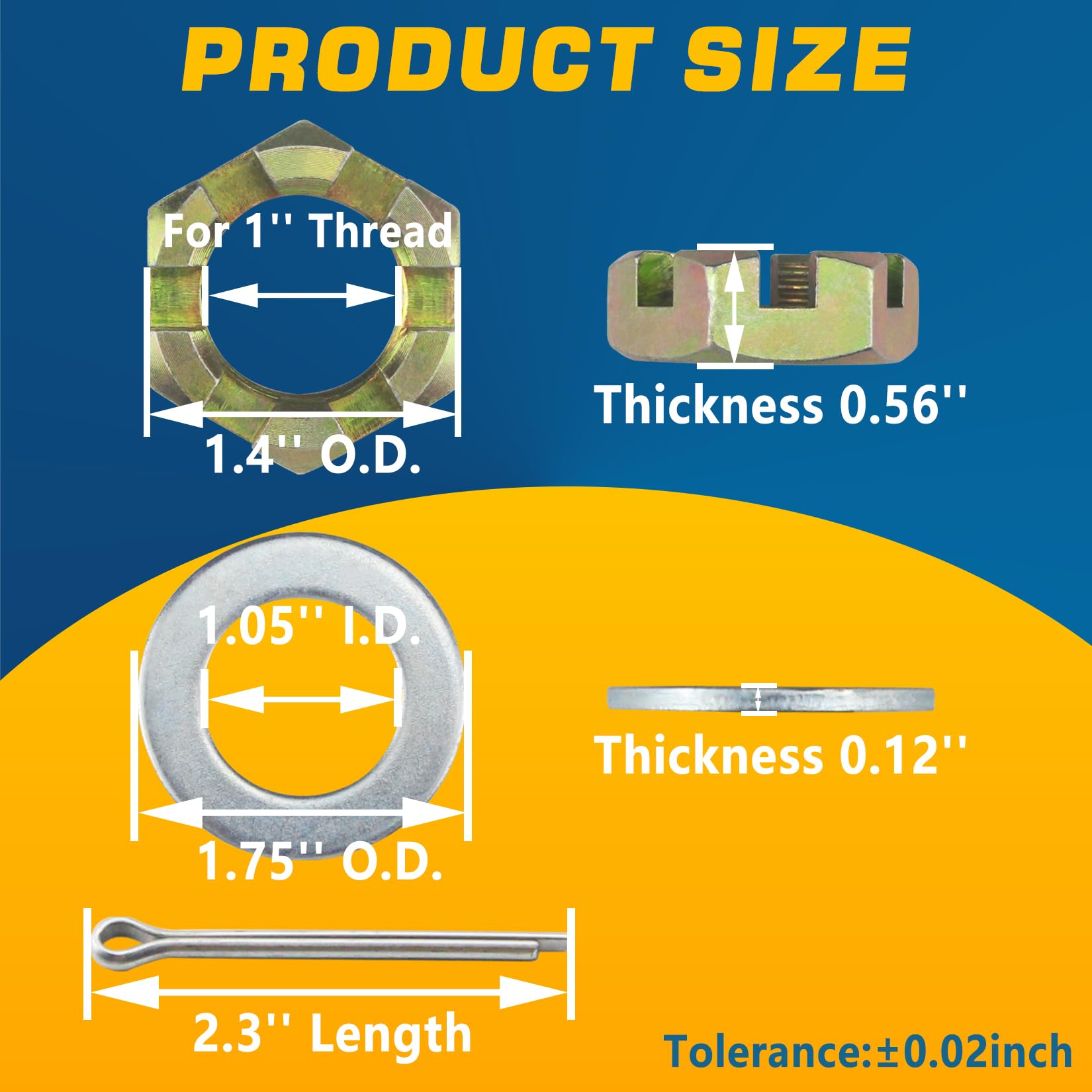 Grepspud 2Sets 1'' Trailer Axle Nut Kits 1'' Thread Spindle Castle Nuts Set With 1'' I.D. Washers & 2.3'' Long Cotter Pins, Trai