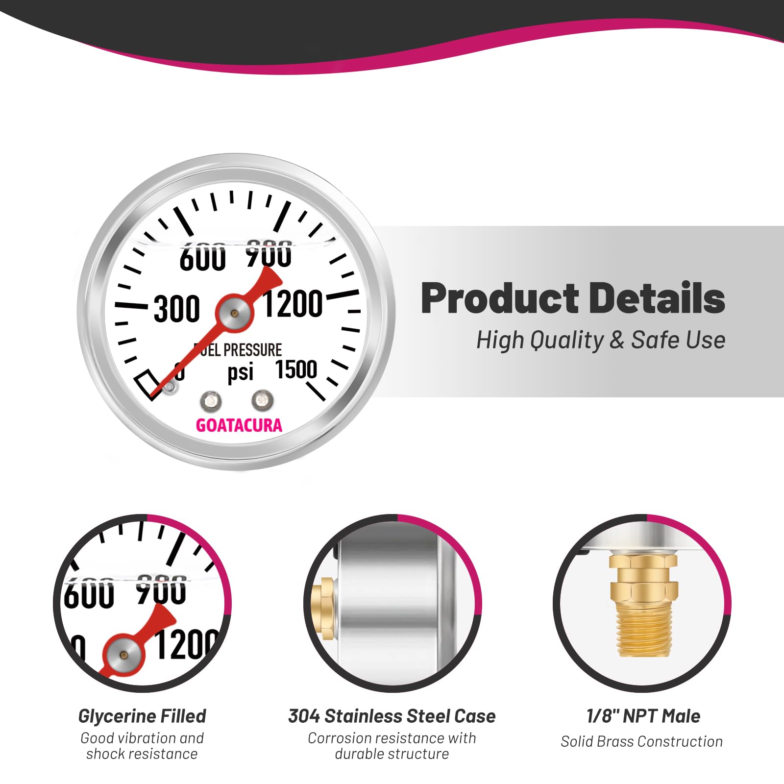 Goatacura 0-1500Psi Glycerin Filled Fuel Pressure Gauge, 1-1/2'' Dial Size, 304 Stainless Steel Case, 1/8'' Npt Center Back Moun