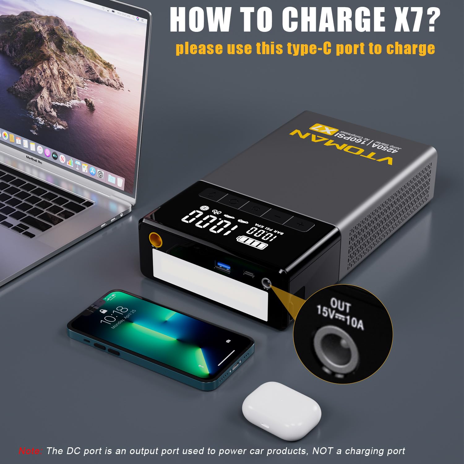 VTOMAN X7 Jump Starter & Air Compressor, 4250A, 160PSI for Trucks & SUVs, Portable 12V Lithium Booster, Gray