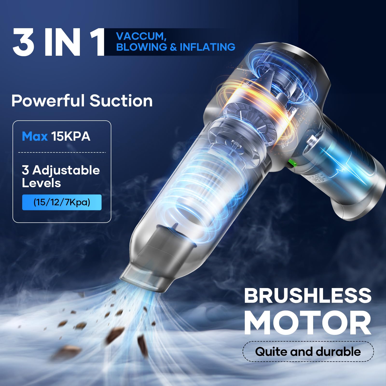 Sakerplus Mini Vacuum Cleaner, 3 In 1 Car Vacuum Cleaner High Power, 15000Pa Powerful Suction, Air Duster, 7500Mah, Dual Filter,