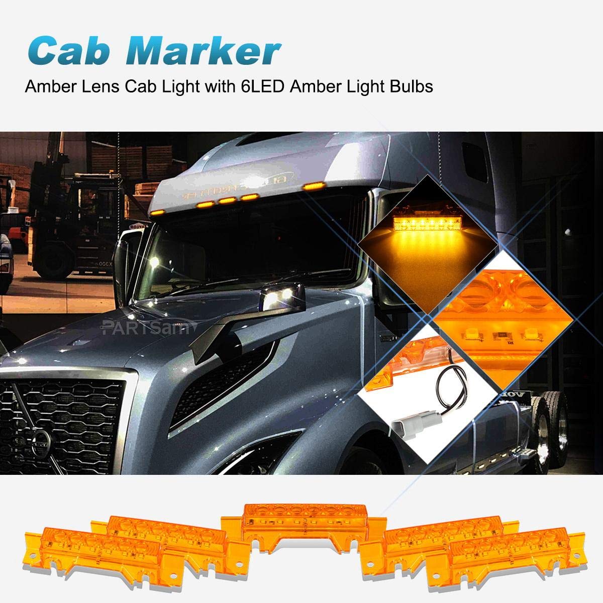 Partsam 5PCS 6LED Cab Light Truck Trailer Cab Marker Top Amber Lens Roof Running Light Reflective Lights Assembly Compatible wit