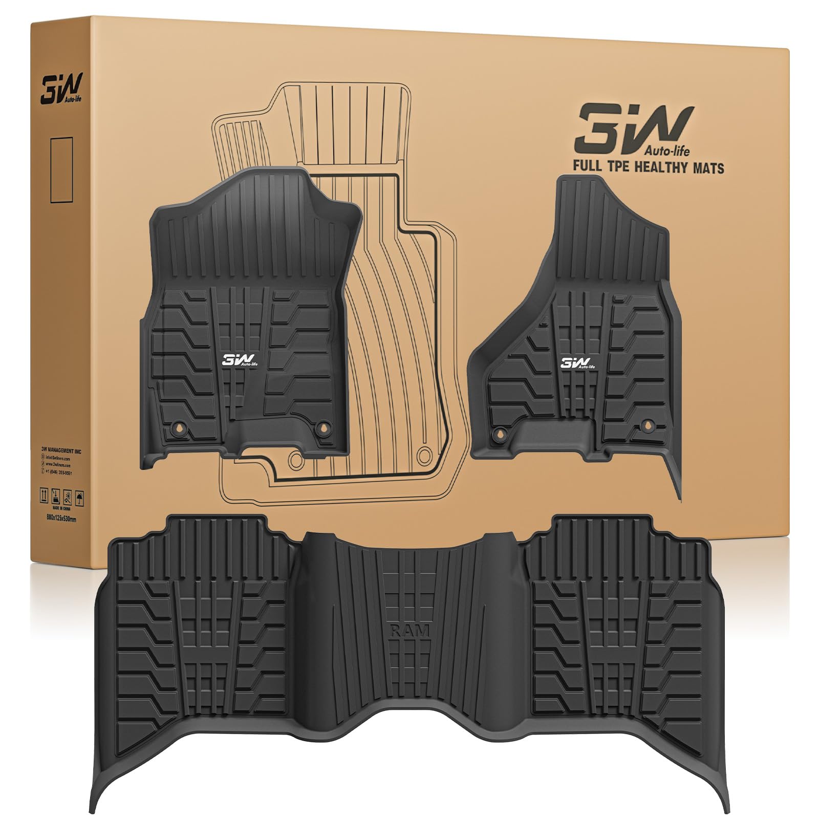 3W Floor Mats For 2019-2024 2025 Ram 2500/3500 Crew Cab With Bucket Seat (Not For Pto Kit Models), All Weather Tpe Custom Fit Do
