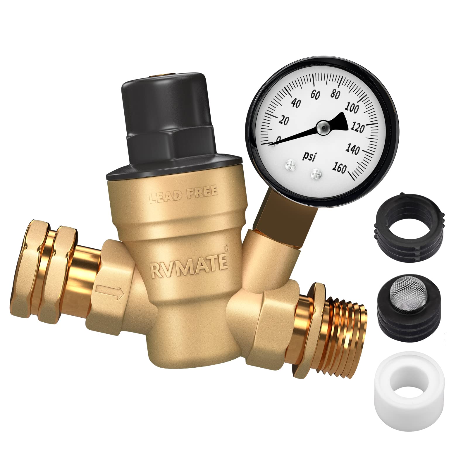Rvmate Rv Water Pressure Regulator, Brass Lead-Free Water Pressure Reducer Kit, Adjustable Valve With Inlet Screen Filter, For C