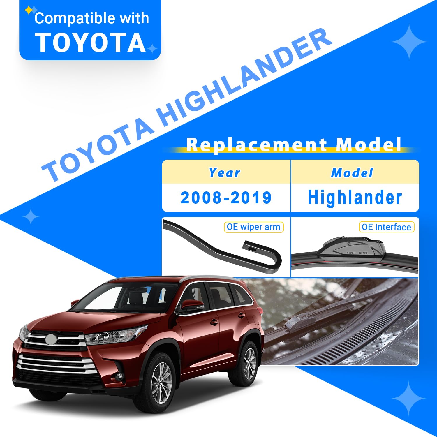 Raintok Windshield Wiper Blades Replacement For Toyota Highlander 2008-2019 Original Factory Quality Front Rear Wipers Blade Set