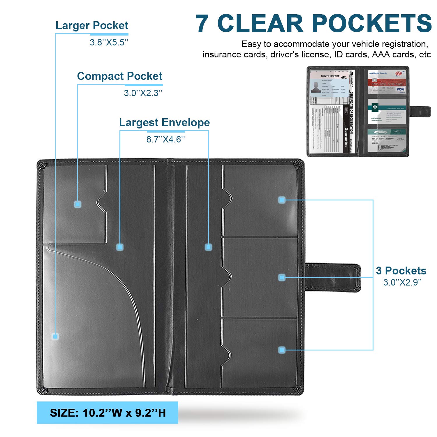 GNEGNI Dark Gray Leather Car Registration and Insurance Card Holder, Vehicle Document Organizer with Magnetic Closure for License & Cards