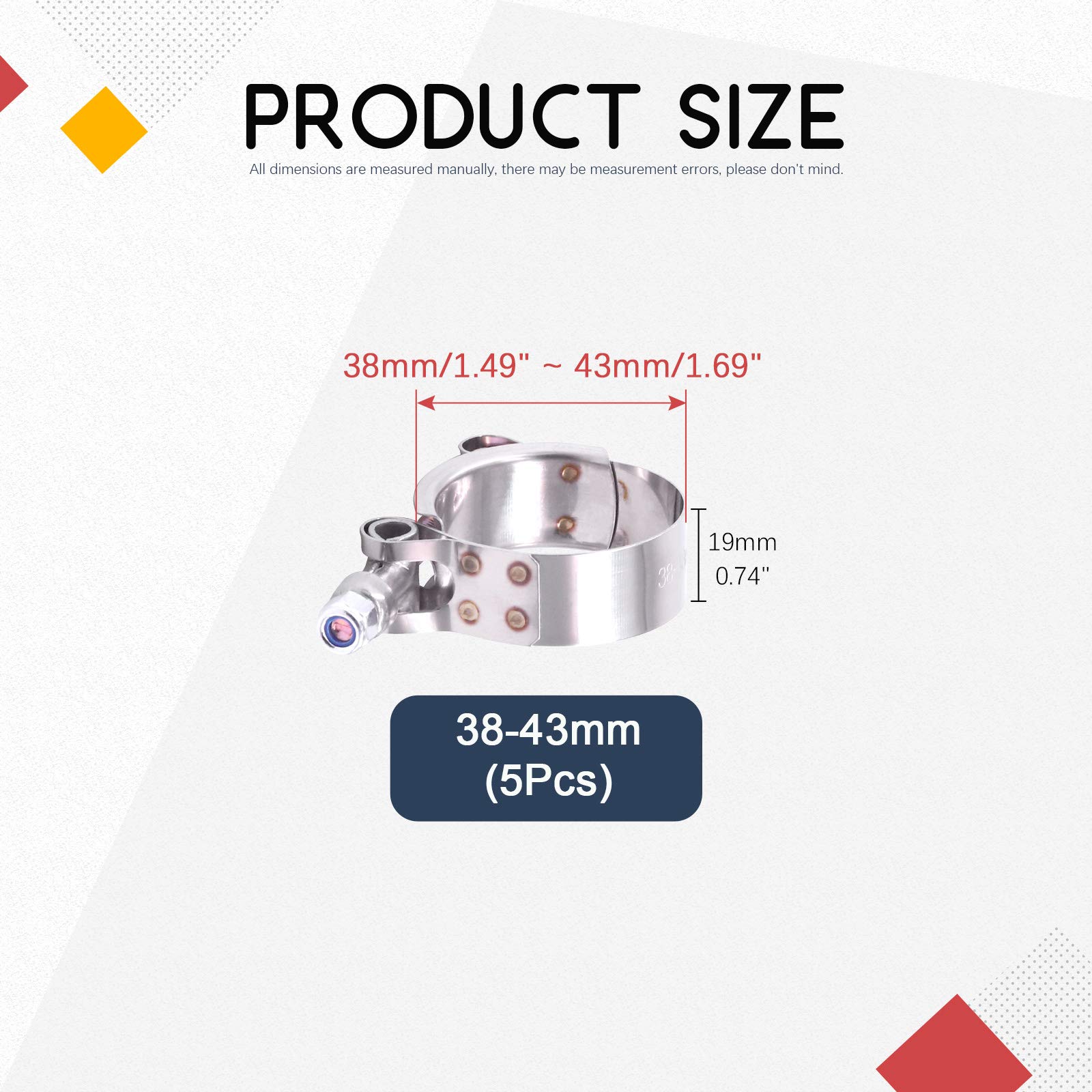 Hilitchi 5Pcs Stainless Steel T-Bolt Clamps With Rounded Band Edges Heavy Duty Turbo Intake Intercooler Clamp (38-43Mm) For 1 3/