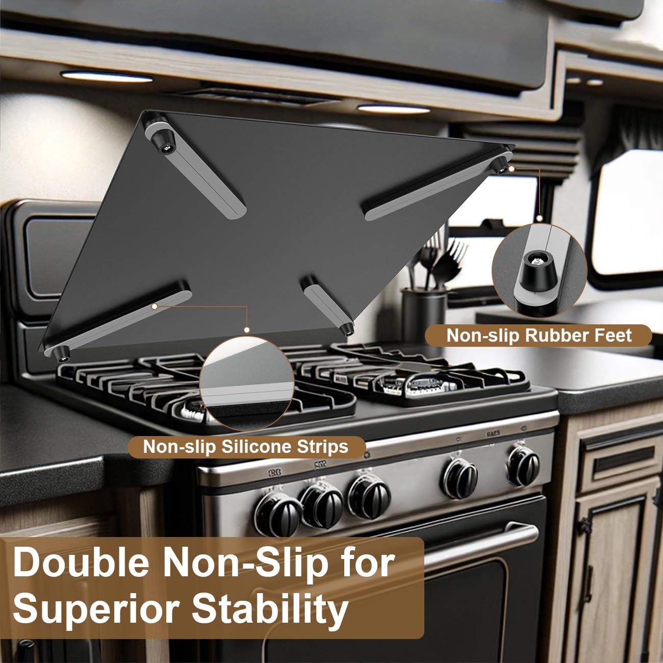 Aluminum RV Stove Top Cover & Gas Burner Board - Dual Non-Slip Design, Essential Camper Kitchen Accessory for Space Optimization