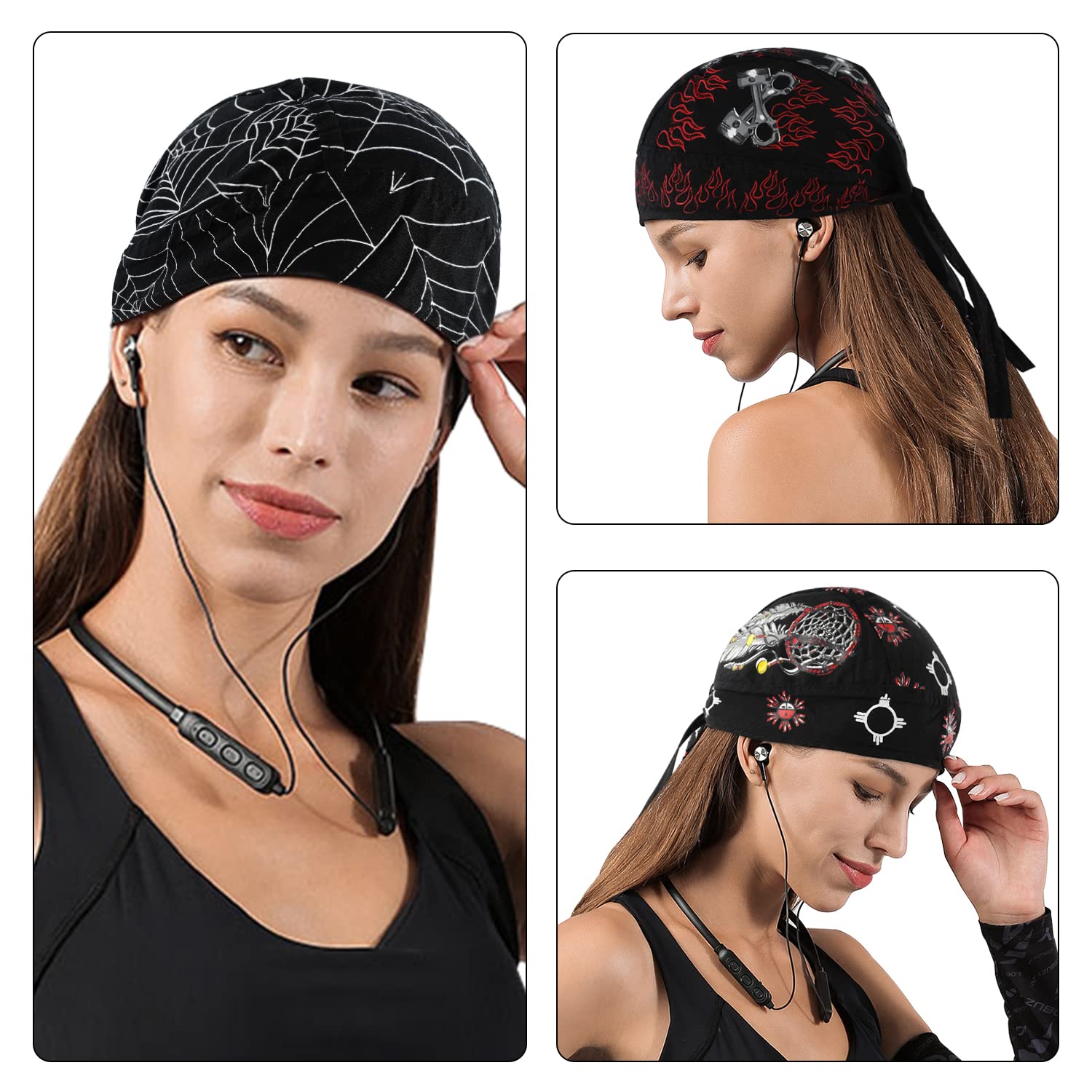Docila Black Cotton Do Rags For Women Men Trendy Spider Feather Flame Skull Helmet Liner Beanie Hat Pirate Head Scarf Motorcycle
