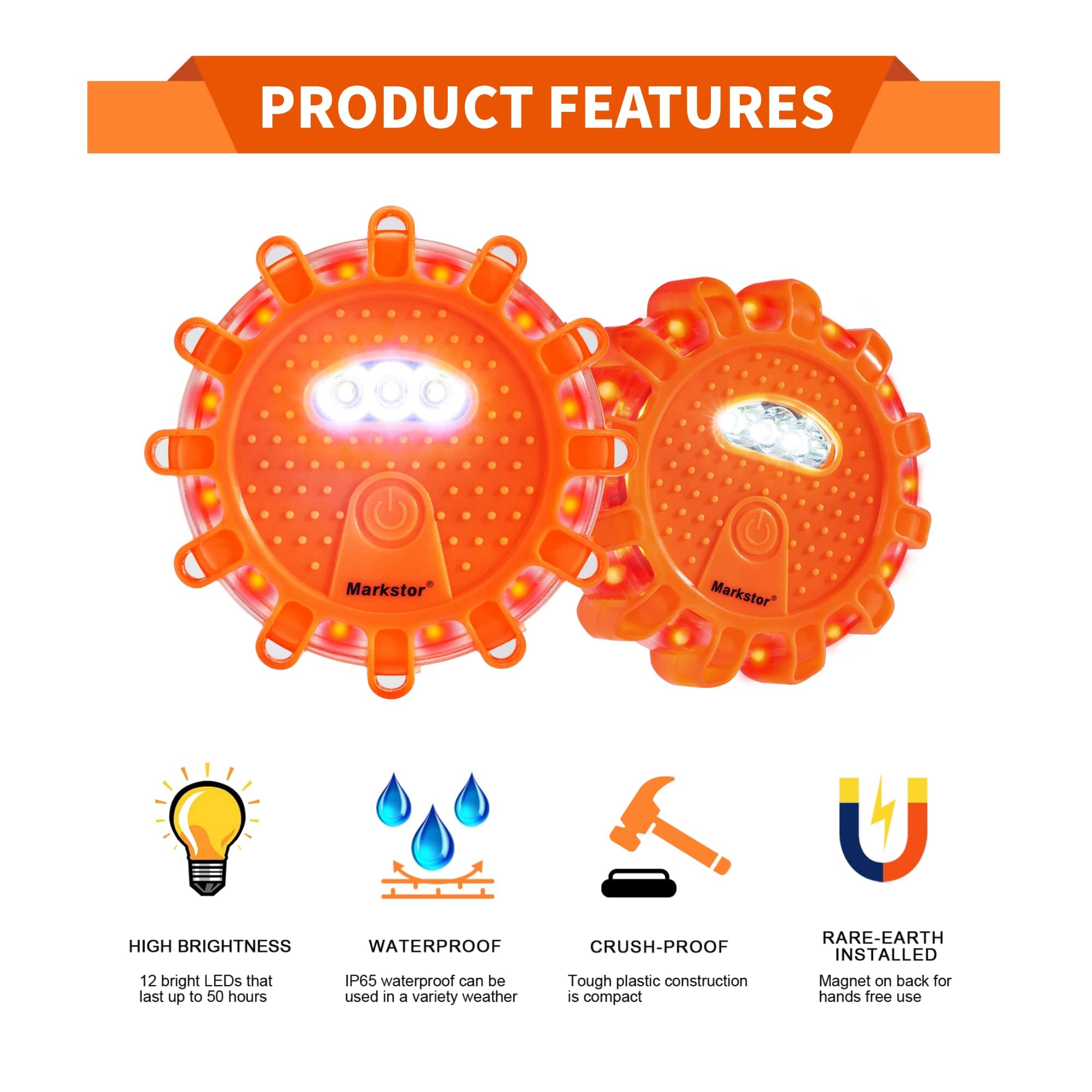 Markstor LED Road Flares - 6 Pack Emergency Lights, 9 Safety Modes, 360° Visibility, Orange, Model 06B, No Battery