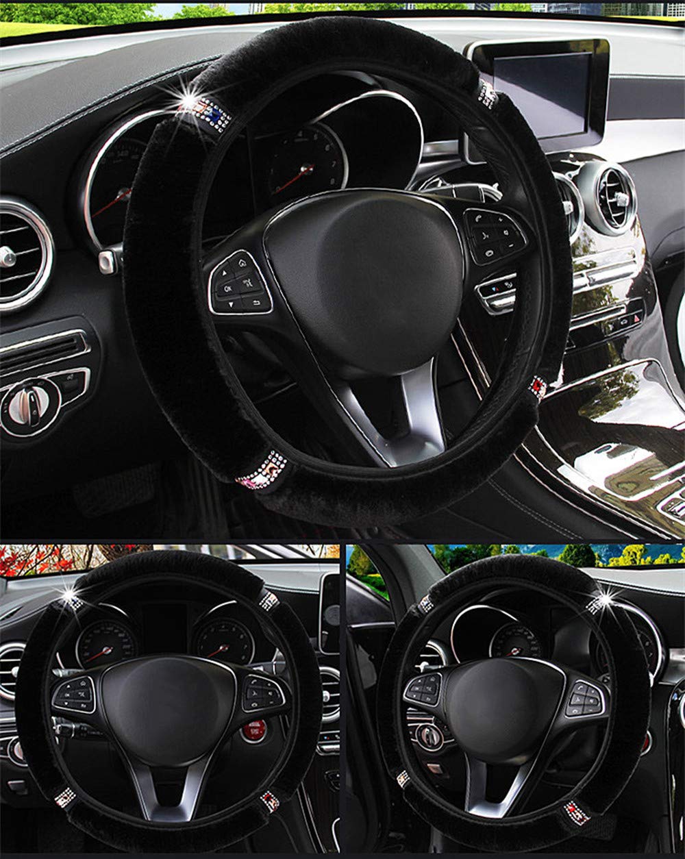 LABBYWAY Steering Wheel Cover for Winter Warm, Fluffy Pure Australia Sheepskin Wool, with Bling Bling Crystal Rhinestones for Women Girls, Universal 15 inch (Black)