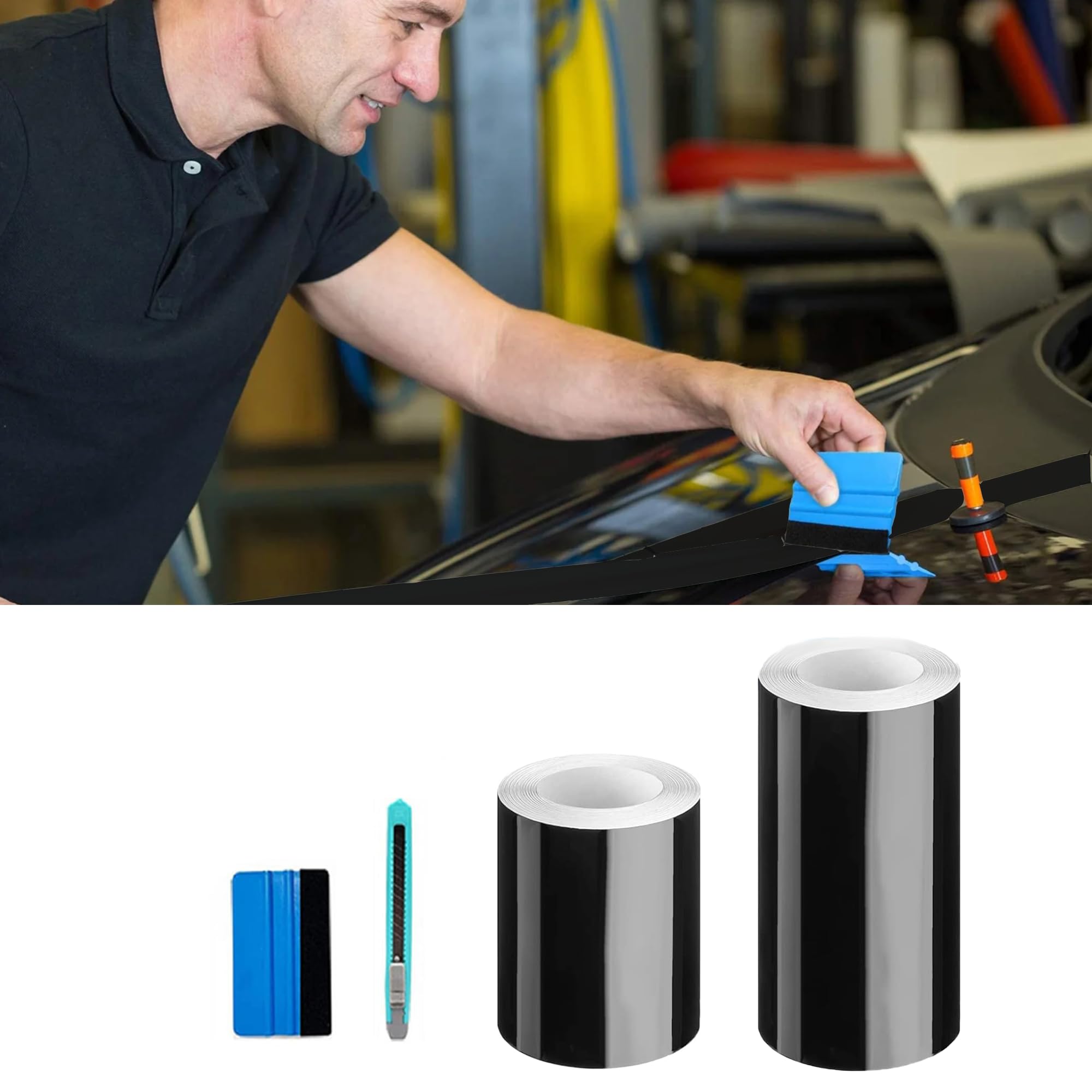 Lypumso High Gloss Black Vinyl Wrap Tape, 2 Inch X 30Ft Self-Adhesive Universal Chrome Black Detailing Tape With Tool, Anti-Scra