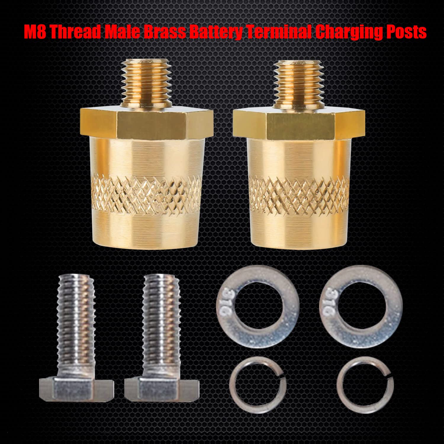 Ampper M8 Thread Male Brass Battery Terminal Charging Posts, M8 Battery Post Adapter (+/-) With Top Bolts For Extension, Pack Of