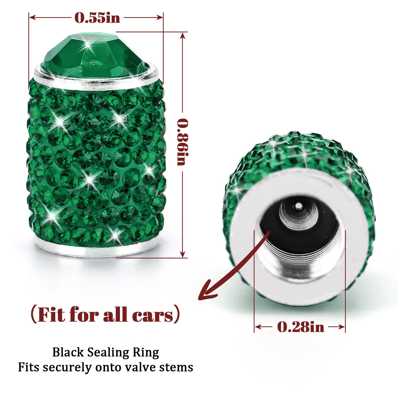 ToBeQueen Green Bling Tire Valve Caps, 4 Pack Handmade Crystal Rhinestone Diamond Tire Caps Universal Dustprood Bling Green Car