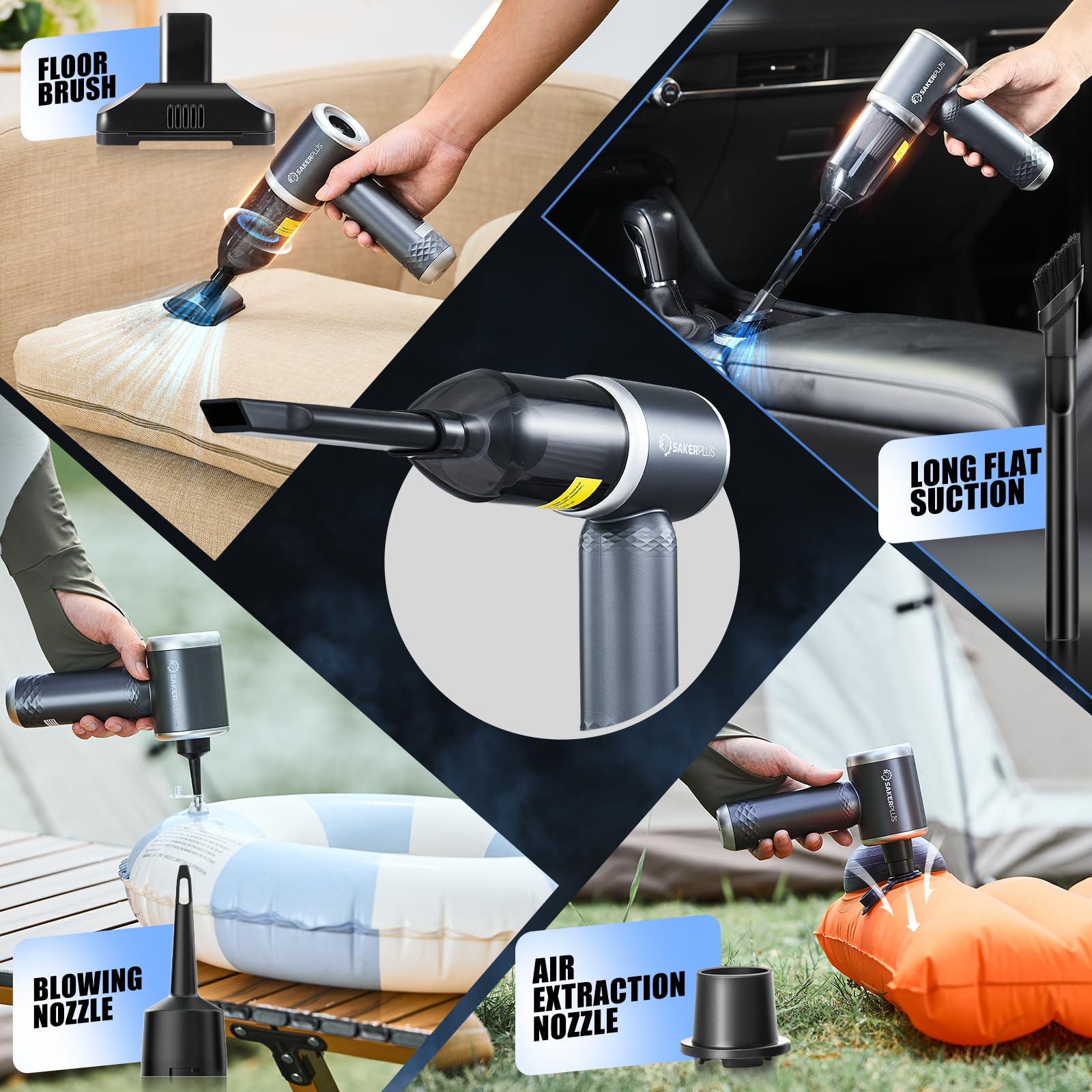 SakerPlus Mini Vacuum Cleaner, 3 in 1 Cordless Handheld Vacuum Cleaner, 13000Pa High Power Car Vacuum Cleaner with Brushless Mot