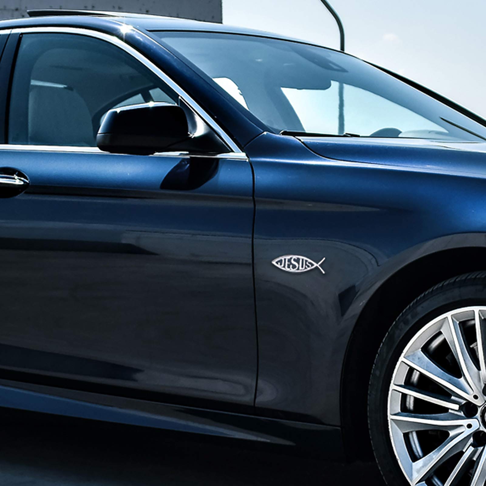 Meetcute 2Pcs Jesus Fish Decal Sticker Silver,3D Car Chrome Decal Emblem Sticker Religious God For Jesus Christian Fish Symbol