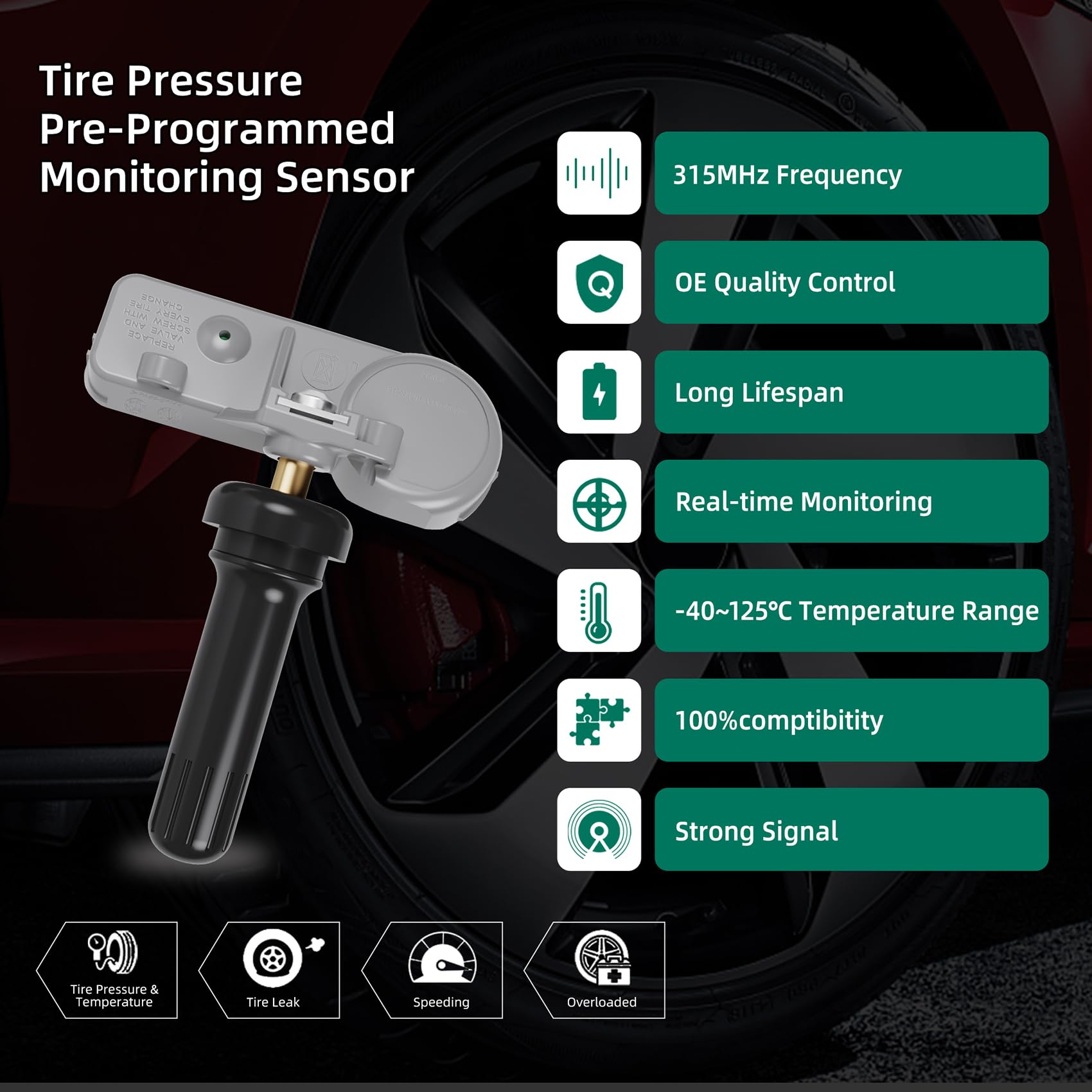 Tpms Sensor, 4Pack 315Mhz Tire Pressure Monitor Sensors Compatible With Buick Gmc Chevy Cadillac Replace#13581558 13598771,13598