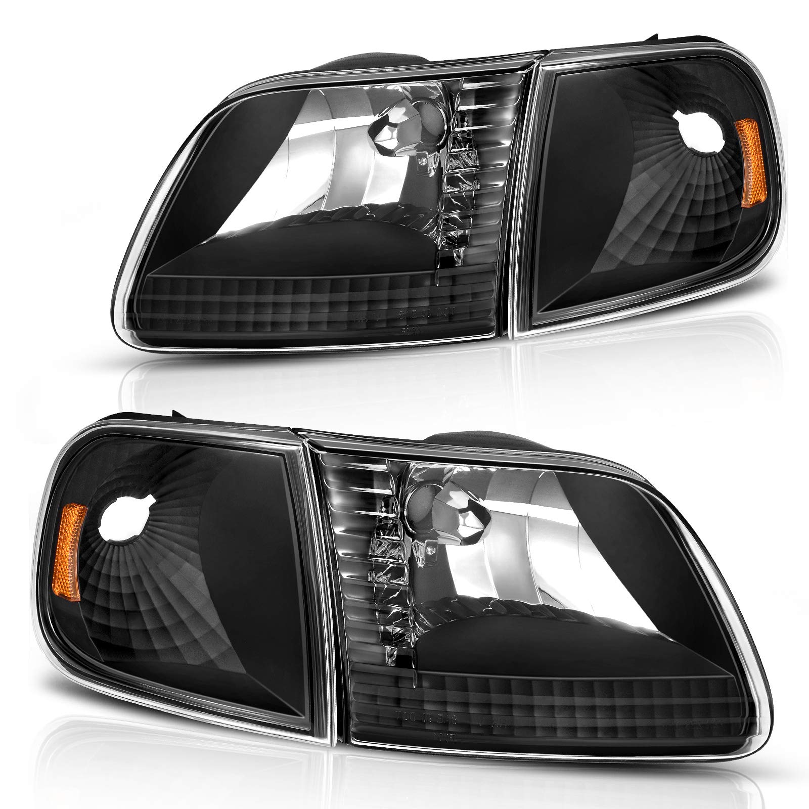 Dwvo Headlight Assembly Compatible With 1997-2003 Ford F-150 Pickup/1997-2002 Ford Expedition Headlamp With Corner Light Black Housing Amber Reflector