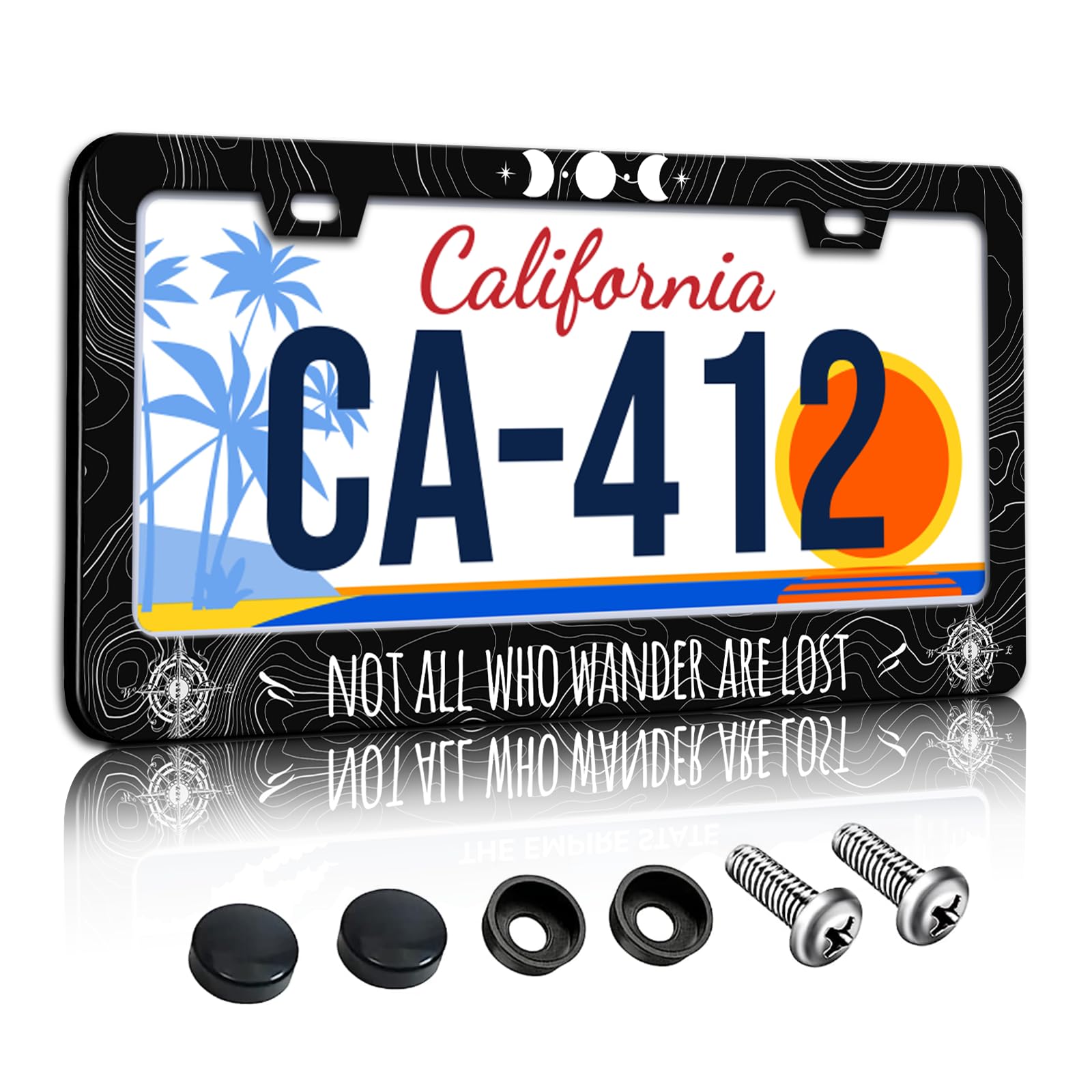 Not All Who Wander are Lost License Plate Frames Moon Phase License Plate Holder for Travel Lover Car Decor Parts Stainless Stee
