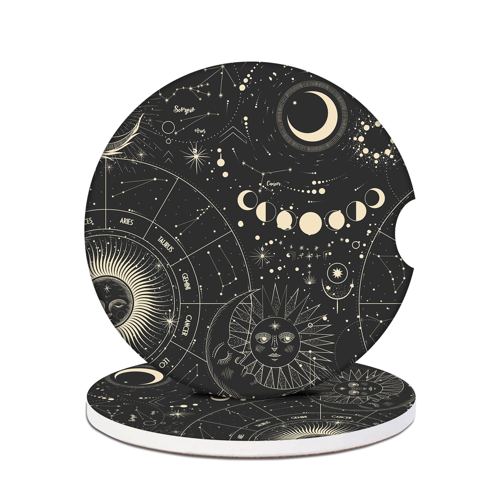 Car Cup Holder Coaster - Sun Moon Absorbent Ceramic Coaster, Car Coasters for Cup Holders, Auto Accessories for Women & Men, Pac