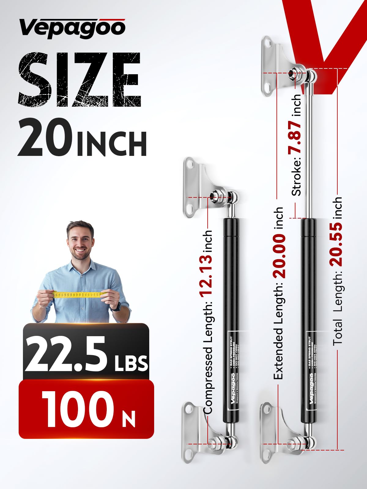 Vepagoo Gas Struts 20 Inch 22.5Lb/100N Shock With Mounting Brackets, Tv Box Storage Lid Trap Door Boat Engine Hatch Lift Support