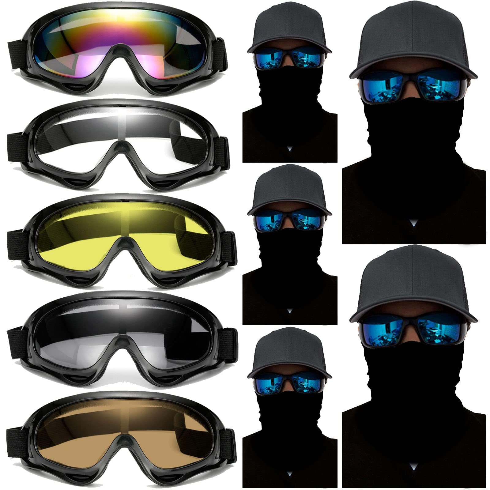Immoono 10 Packs Motorcycle Accessories, 5Pcs Dirt Bike Ski Goggles Dustproof Windproof Safety Glasses And 5Pcs Face Masks