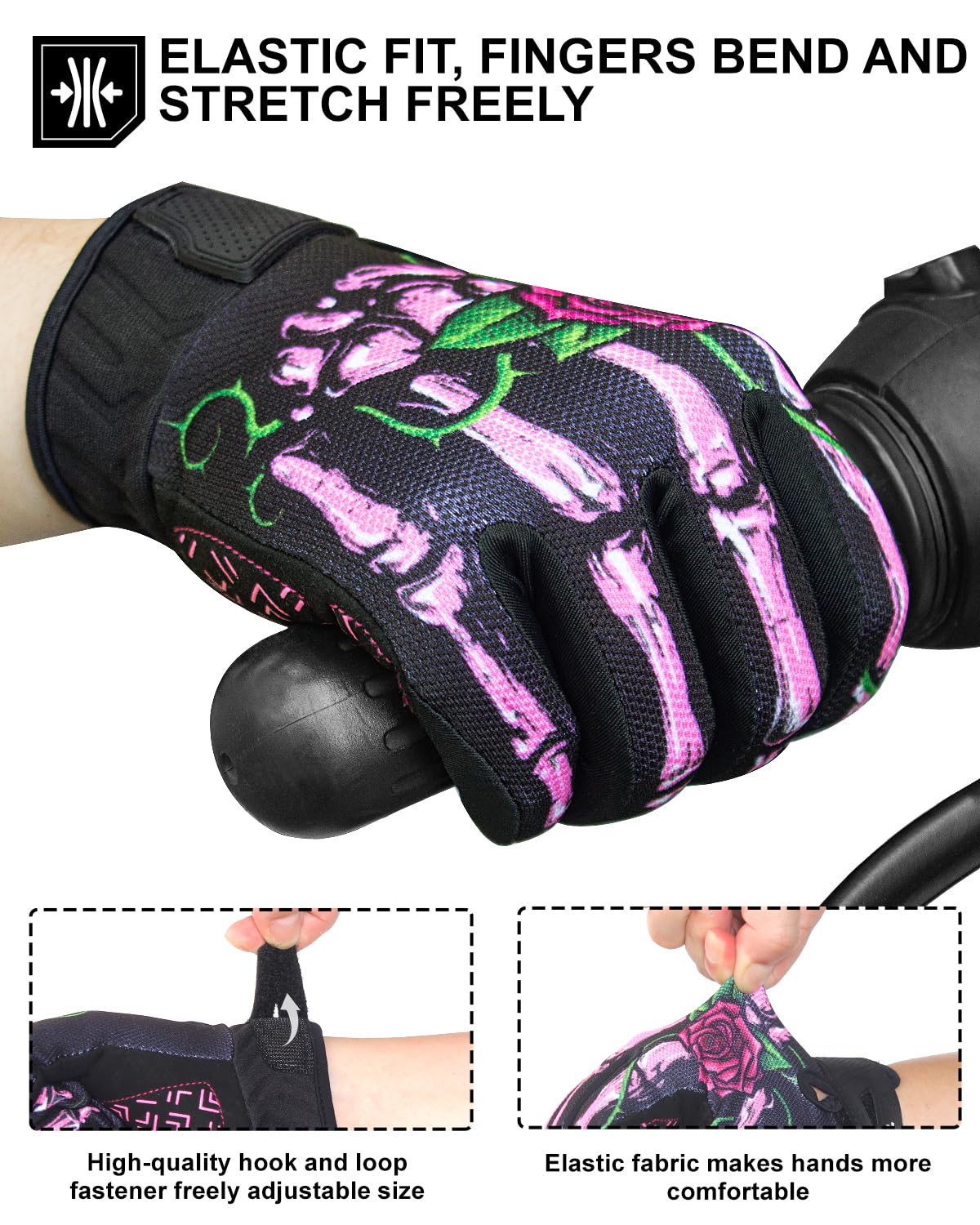 Rigwarl Motorcycle Gloves Women Touchscreen, Breathable Pink Skeleton Bike Glove Non-Slip, Designed Riding Gloves Motorcycle Wom