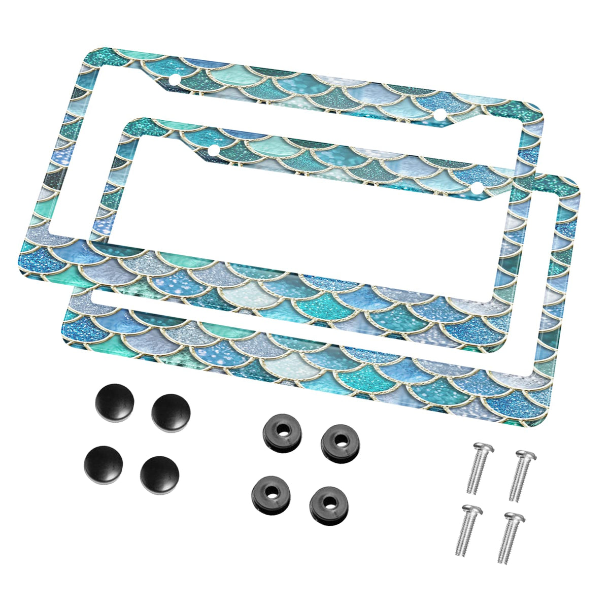 Hosnye Mermaid Fish Scale Wave License Plate Frame Watercolor Hand Drawn Metal 2 Pcs 2 Holes Black Licenses Plates Frames Front