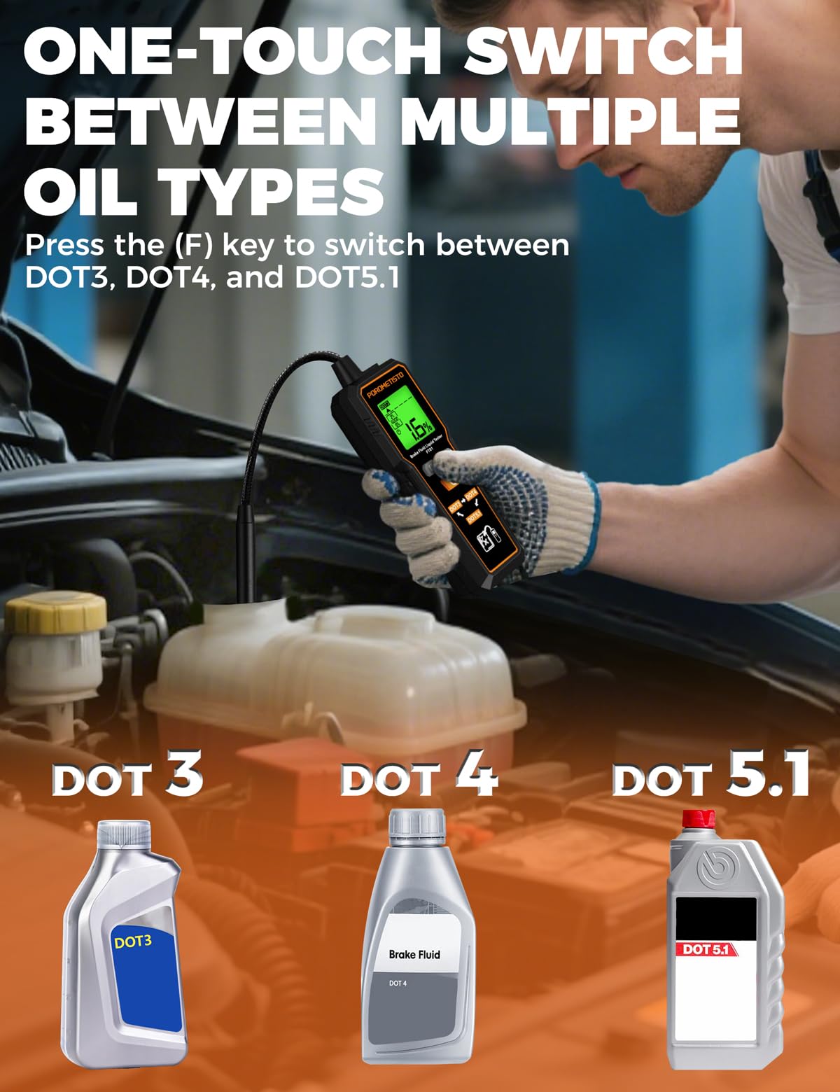 Brake Fluid Tester POROMETISTO FT01, Brake Fluid Moisture Tester with 8.5-Inch Corrosion Resistance Probe, Brake Fluid Detector