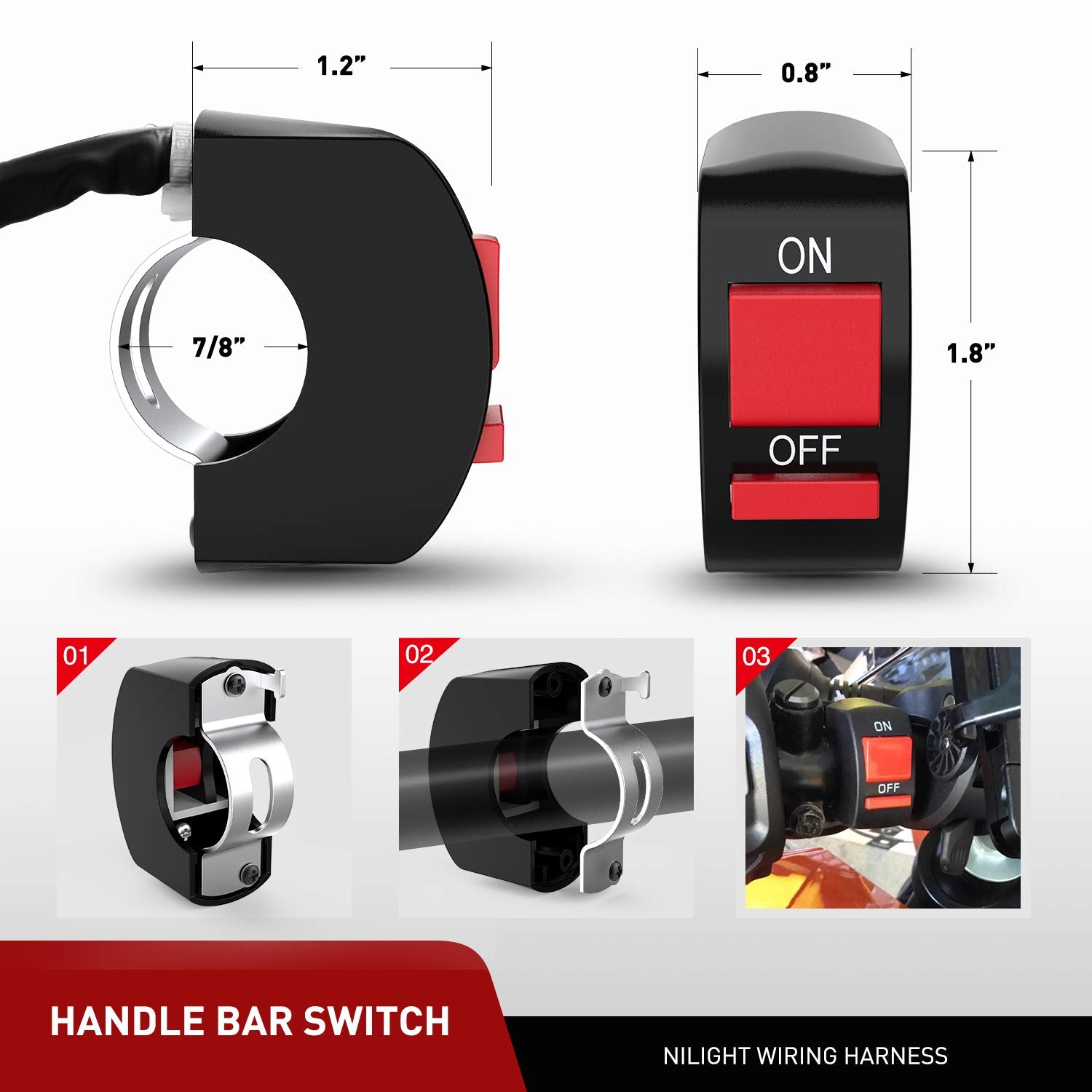 Nilight Led Light Bar Wiring Harness Kit Motorcycle Handlebar Switch 16Awg 2 Leads 12V On Off Push Button Switch For Motorcycle