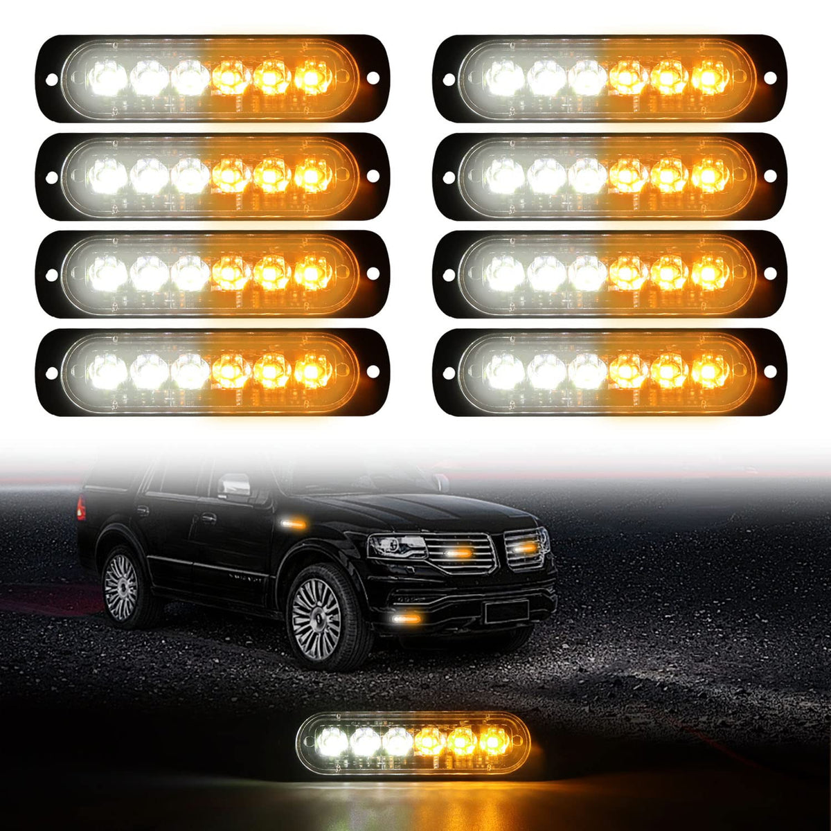 Dibms Led Emergency Strobe Lights, 8X Amber White 6 Led Strobe Warning Emergency Flashing Light Caution Construction Hazard Ligh